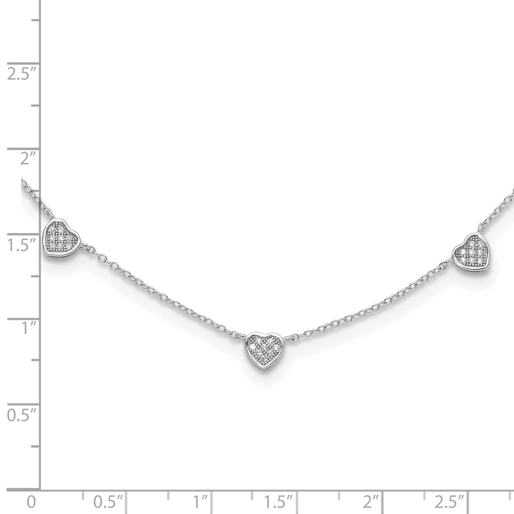 Sterling Silver RH-plated w/Micro Pave CZ Hearts With Extension ext Necklace