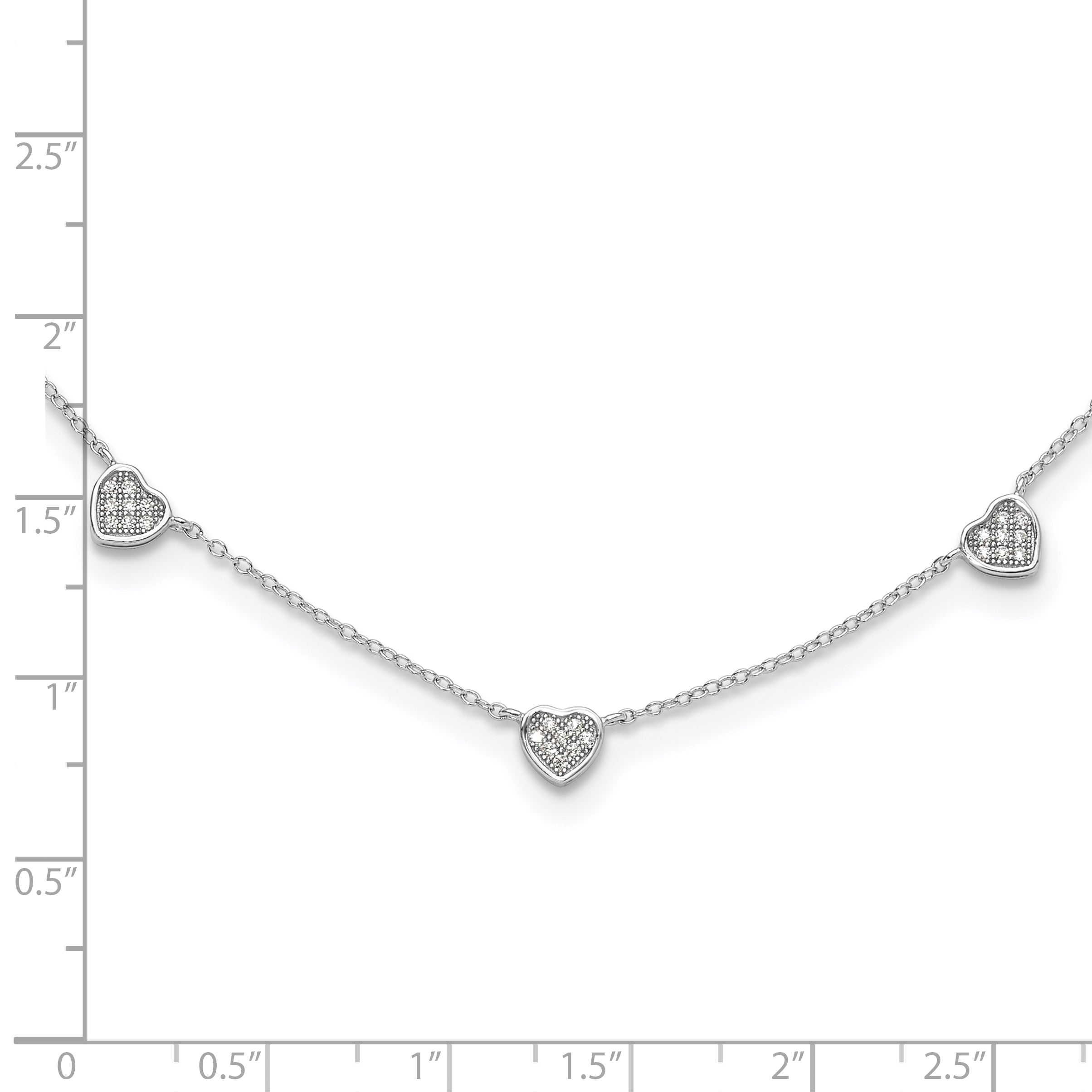 Sterling Silver RH-plated w/Micro Pave CZ Hearts With Extension ext Necklace