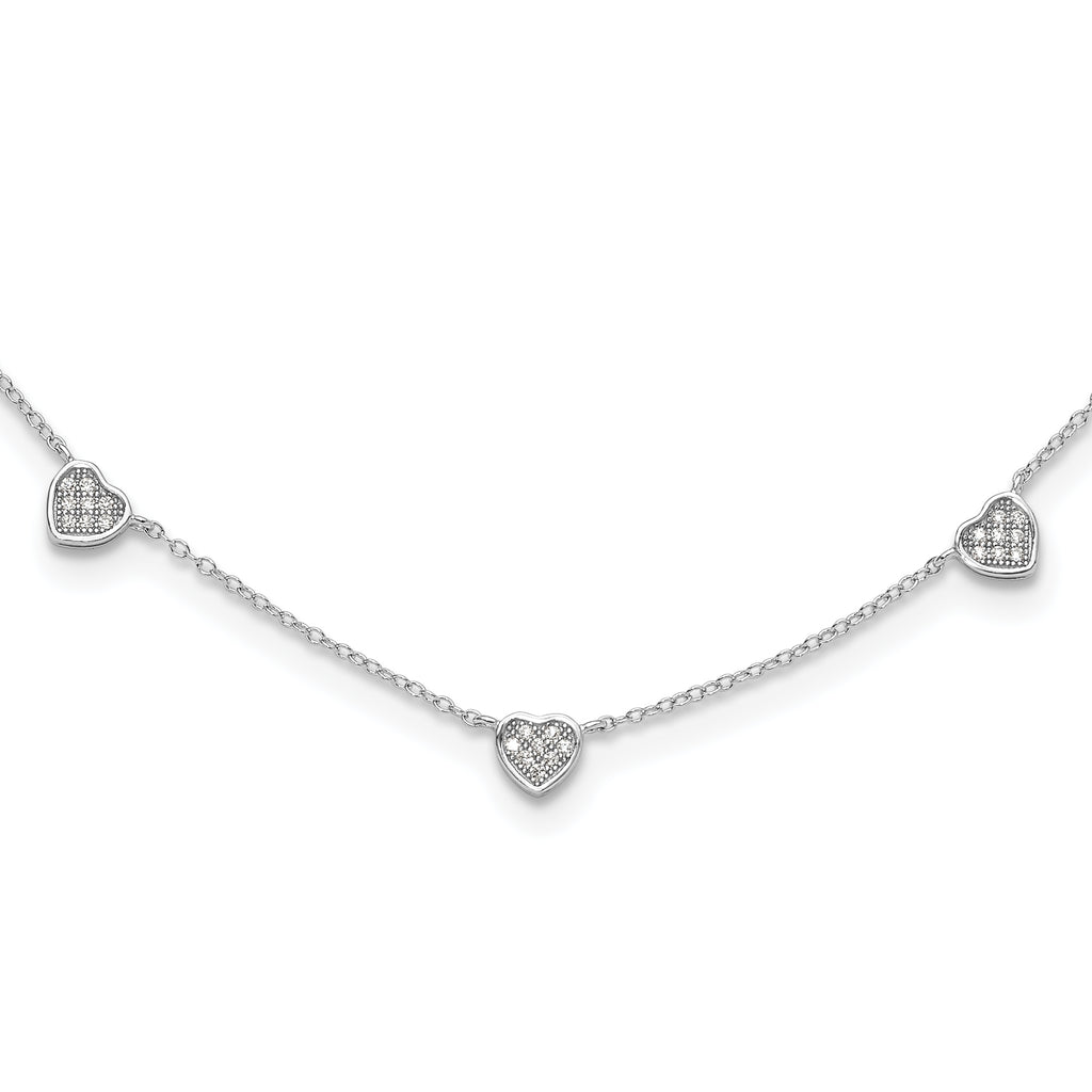Sterling Silver RH-plated w/Micro Pave CZ Hearts With Extension ext Necklace