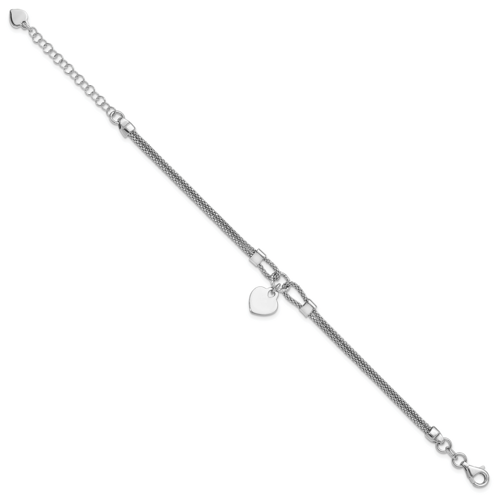 Sterling Silver Rhod-plated Polished Heart Dangle 6.5in 1.5in ext Bracelet