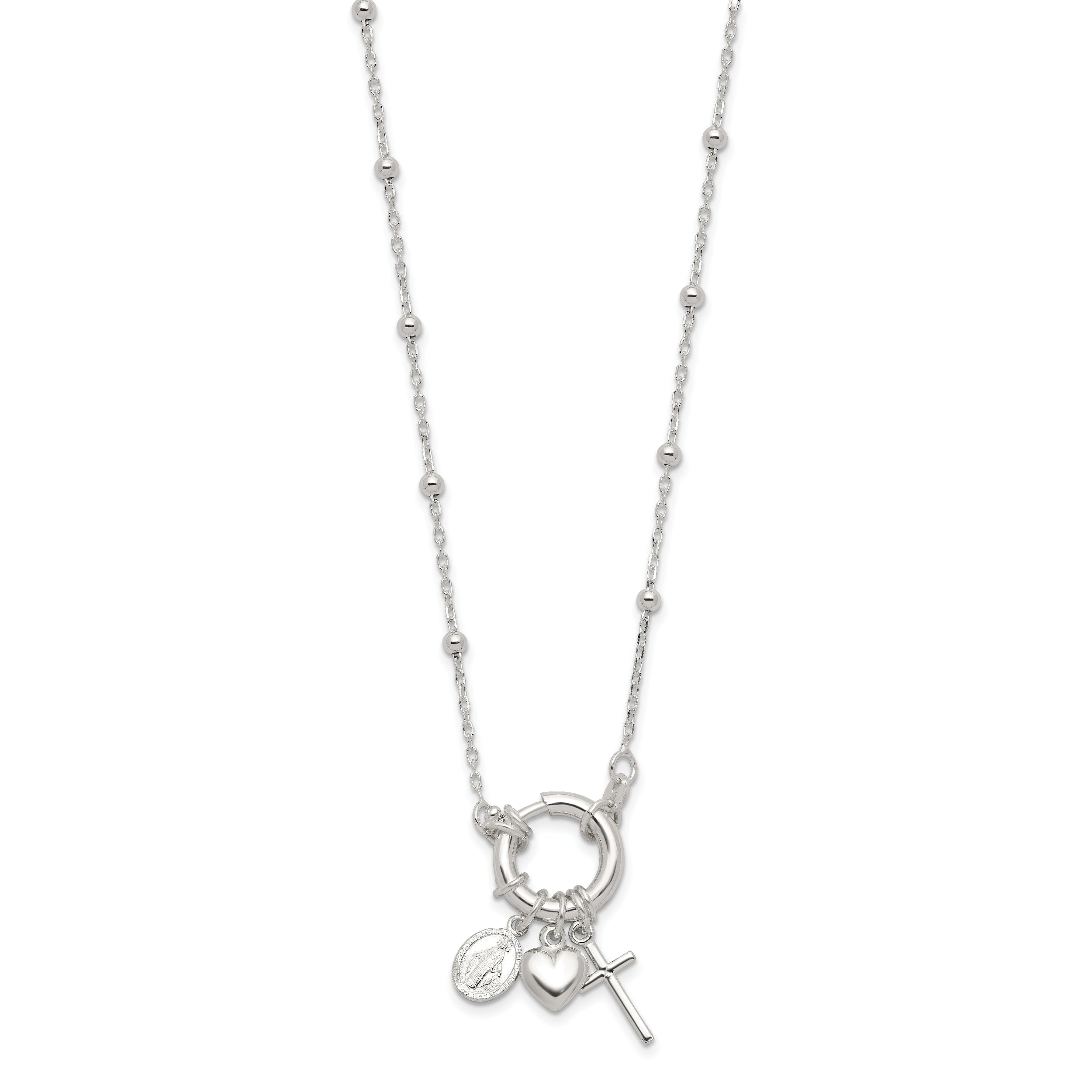Sterling Silver Heart/Miraculous Medal/Cross Charm 18in Necklace
