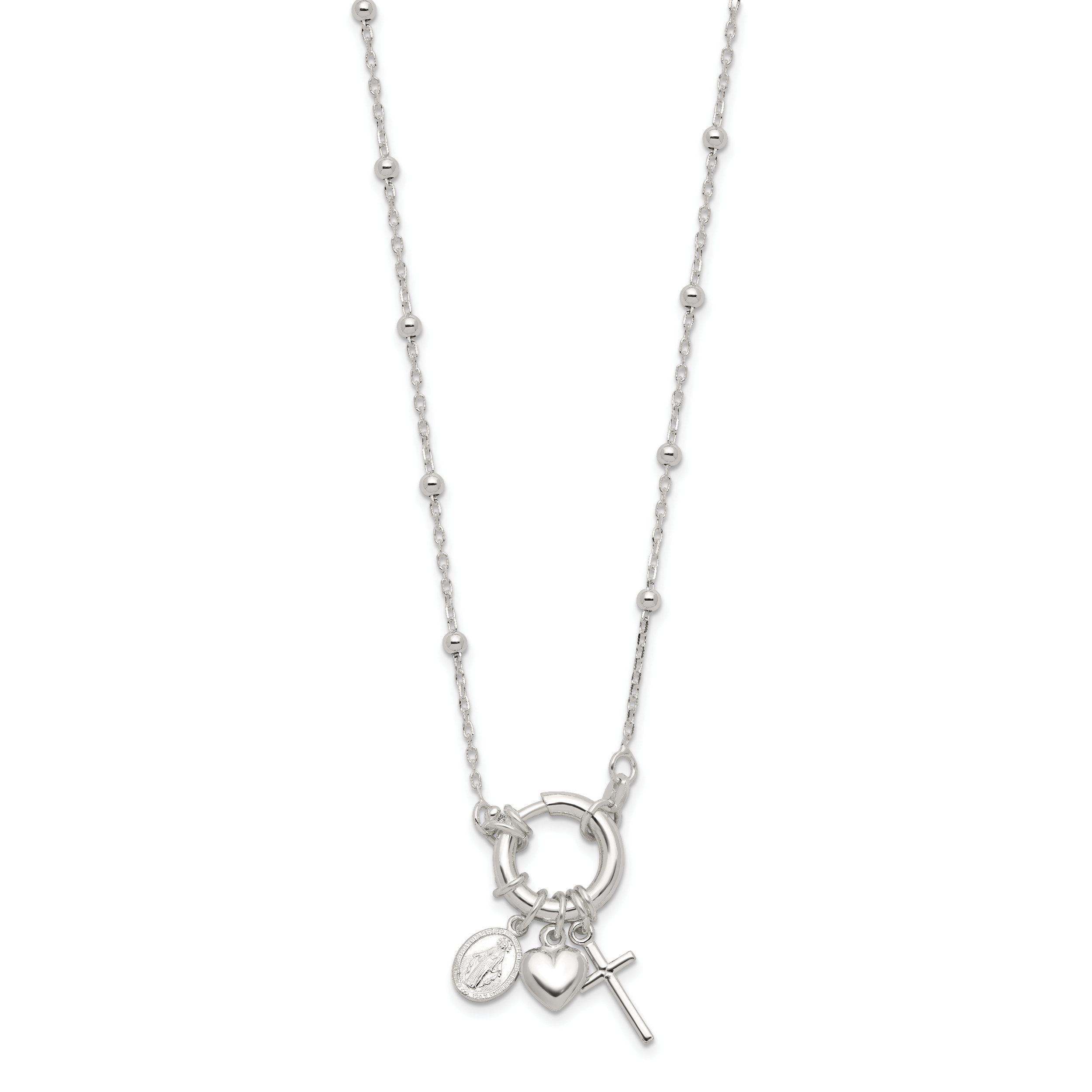 Sterling Silver Heart/Miraculous Medal/Cross Charm 18in Necklace Secondary image