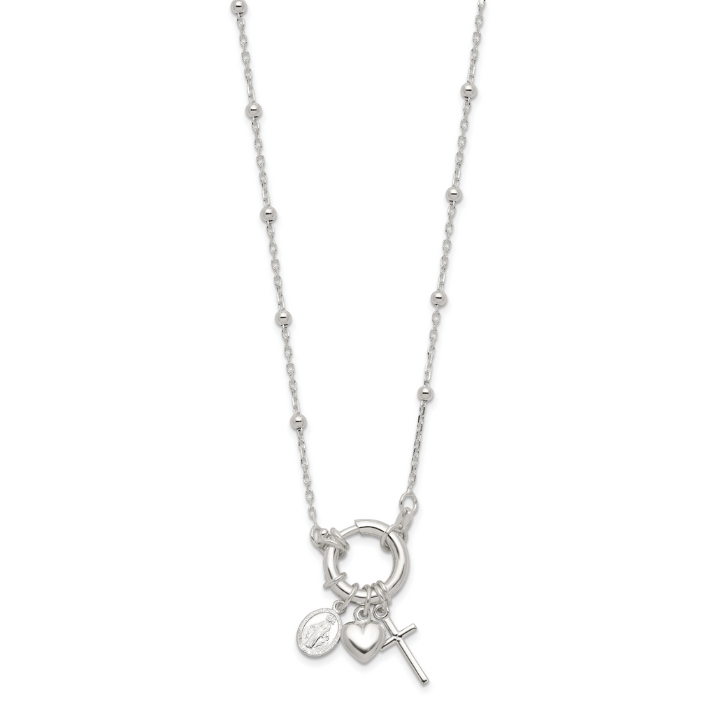 Sterling Silver Heart/Miraculous Medal/Cross Charm 18in Necklace
