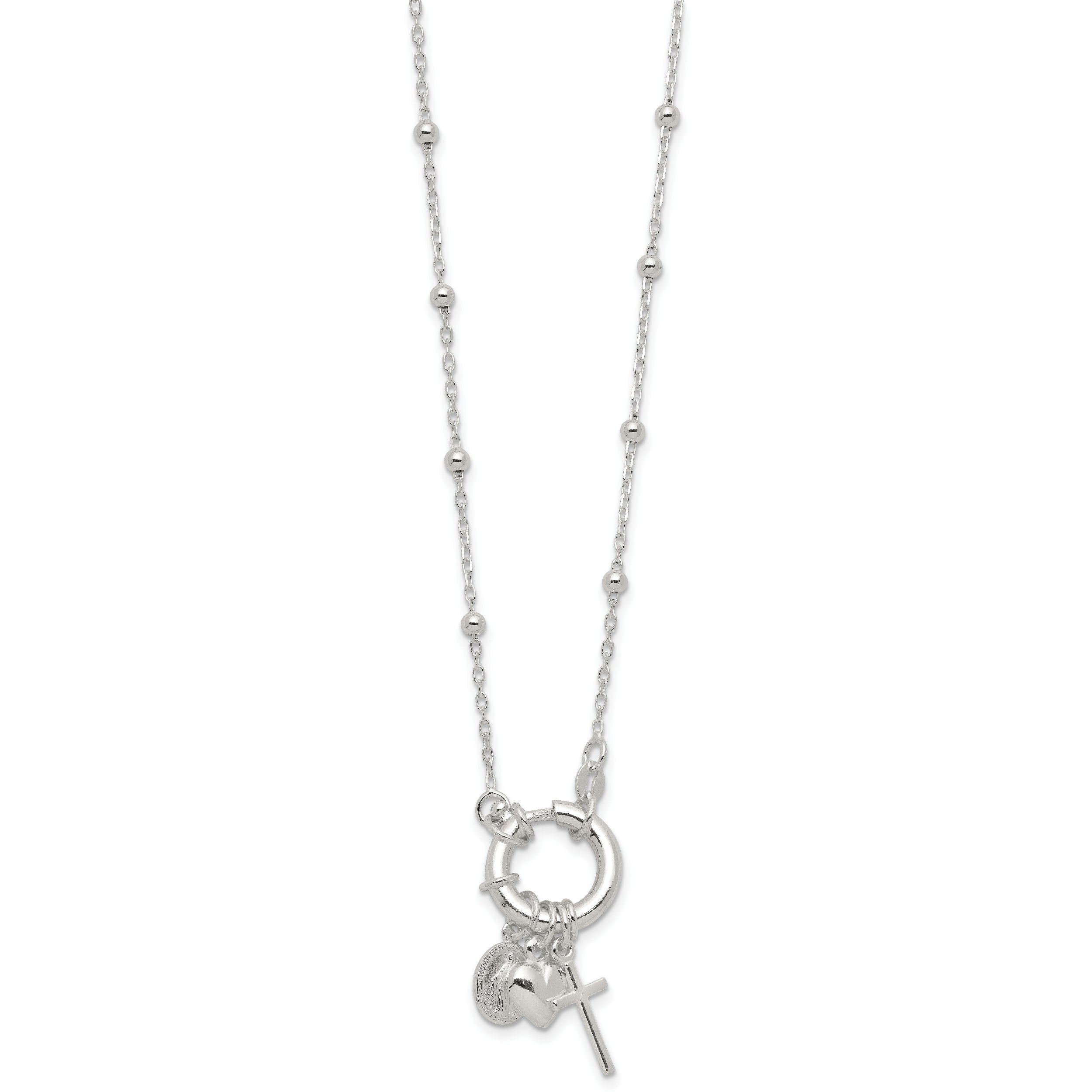 Sterling Silver Heart/Miraculous Medal/Cross Charm 18in Necklace