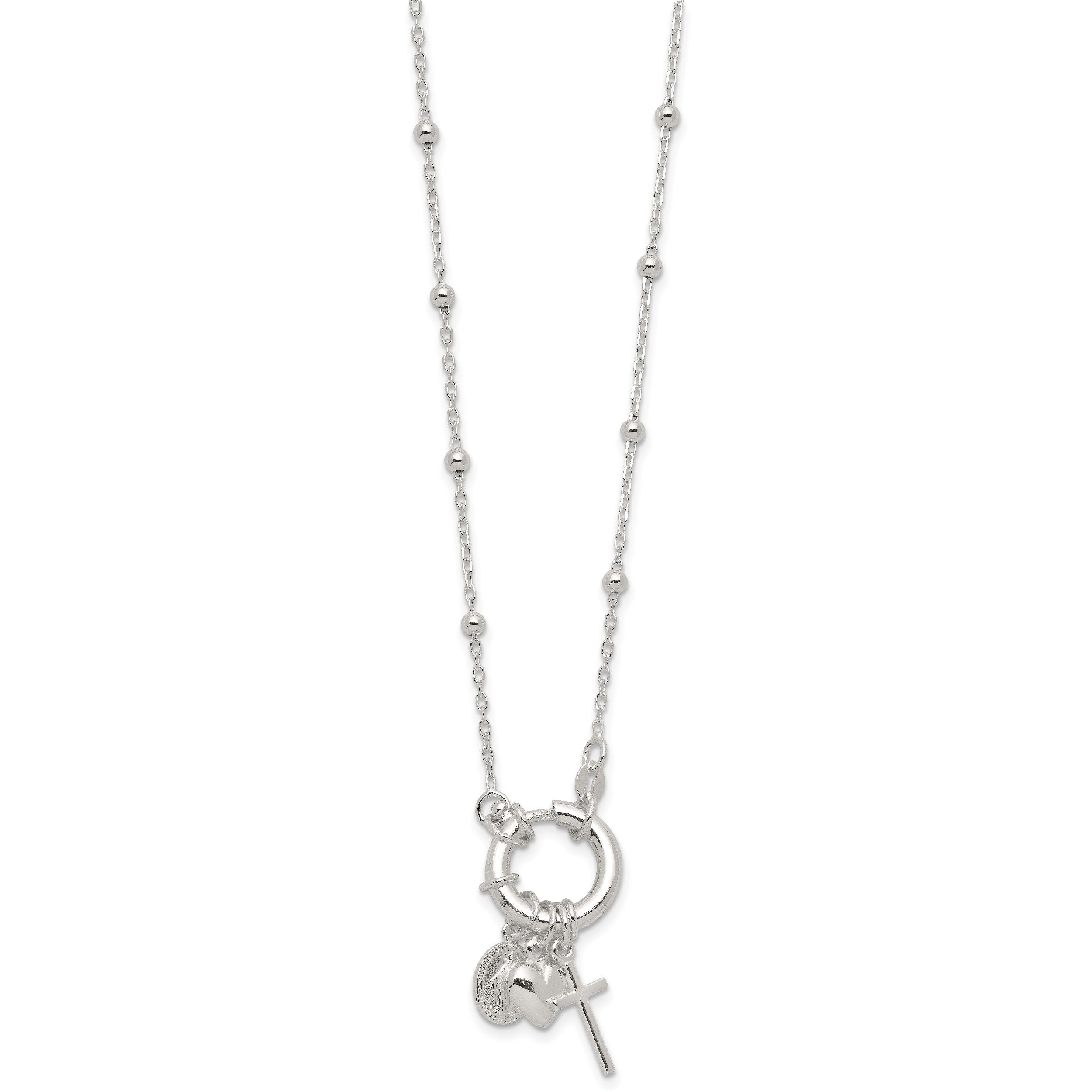Sterling Silver Heart/Miraculous Medal/Cross Charm 18in Necklace