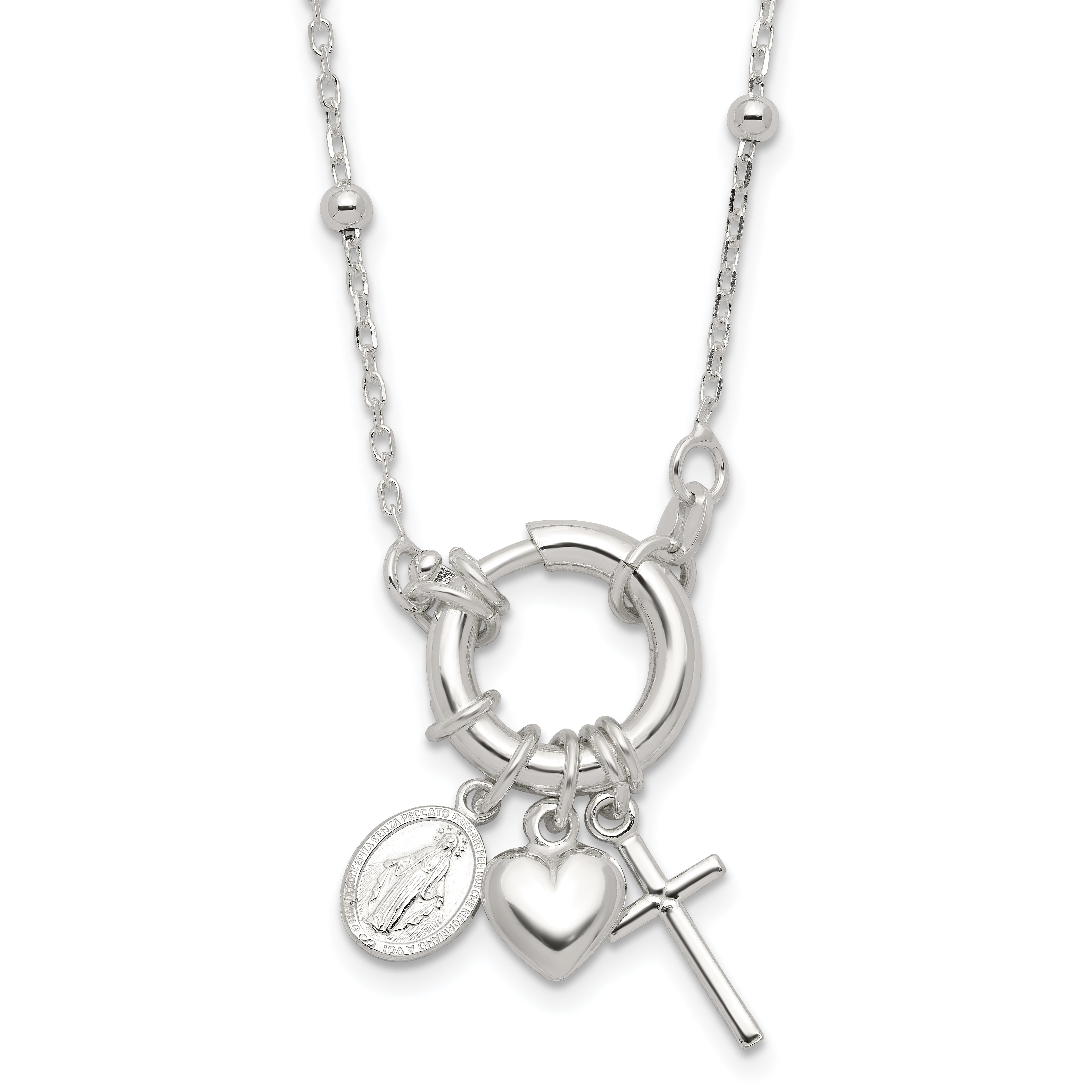 Sterling Silver Heart/Miraculous Medal/Cross Charm 18in Necklace Main image