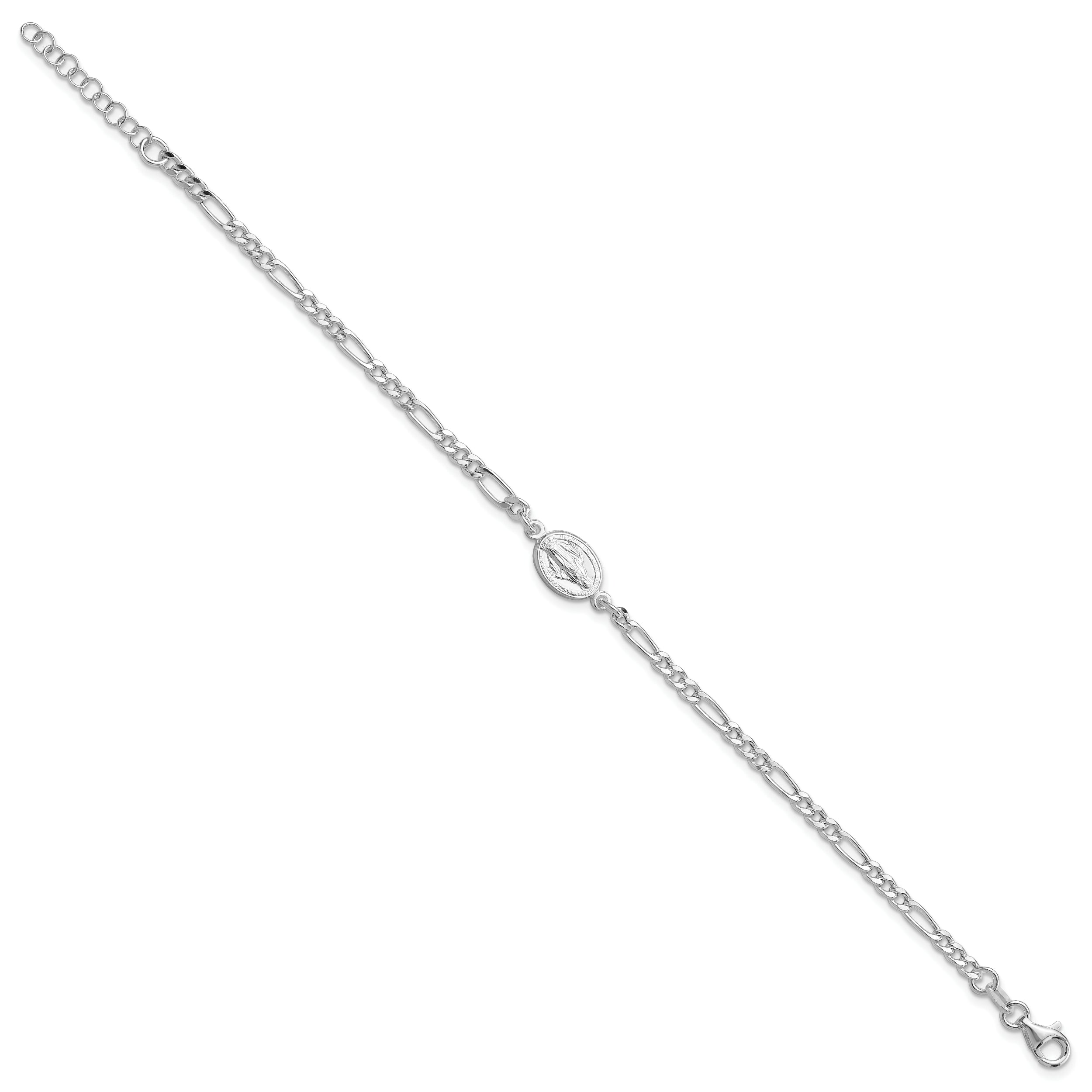 Sterling Silver RH-plated Miraculous Medal 7.25in With 1in ext. Bracelet