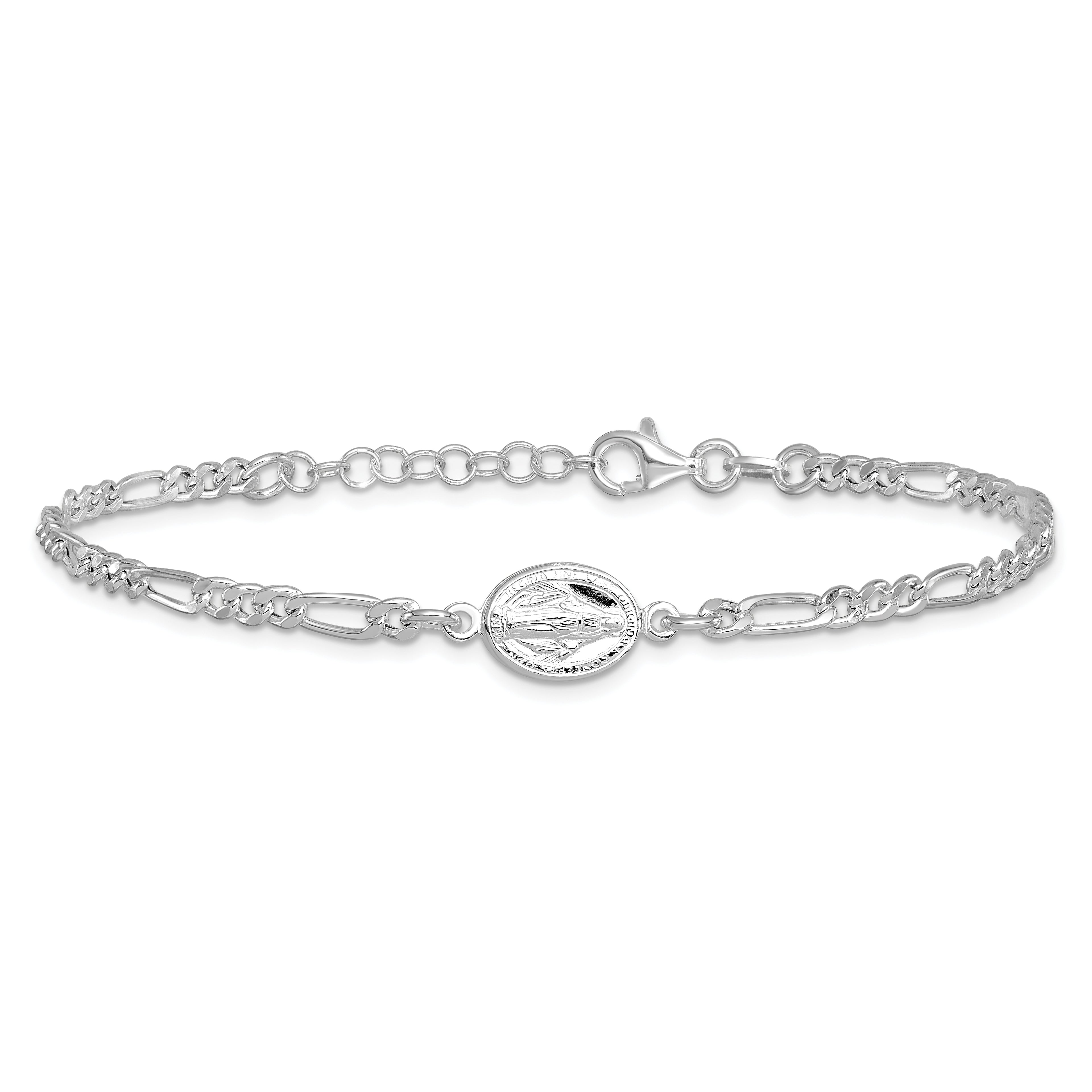 Sterling Silver RH-plated Miraculous Medal 7.25in With 1in ext. Bracelet