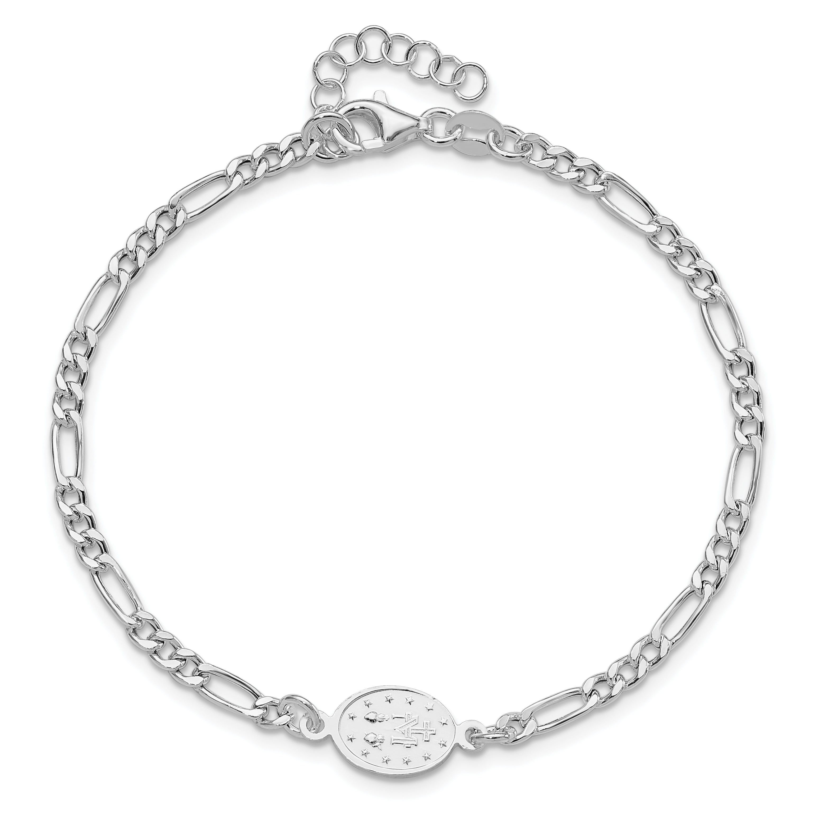 Sterling Silver RH-plated Miraculous Medal 7.25in With 1in ext. Bracelet