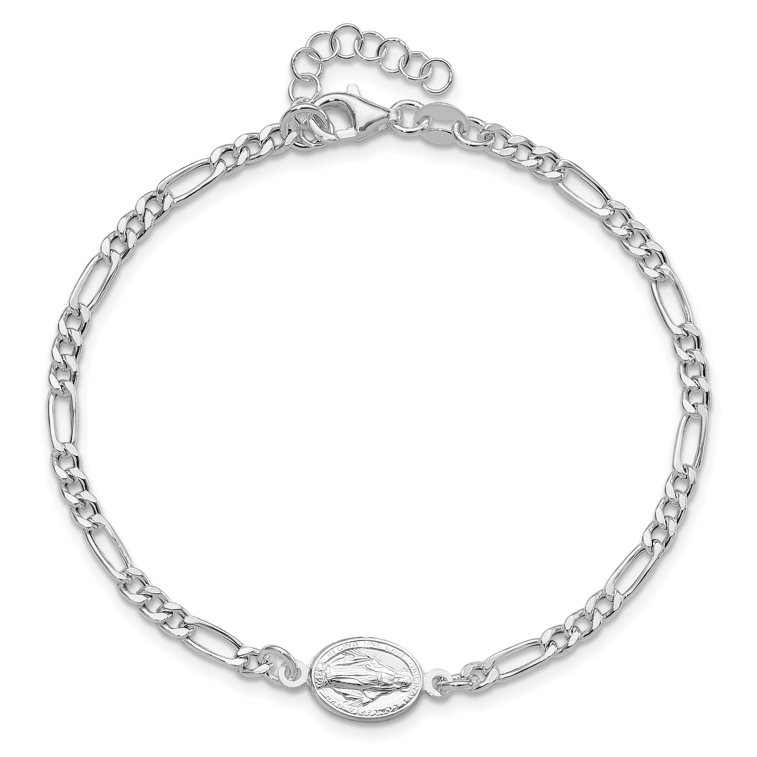 Sterling Silver RH-plated Miraculous Medal 7.25in With 1in ext. Bracelet