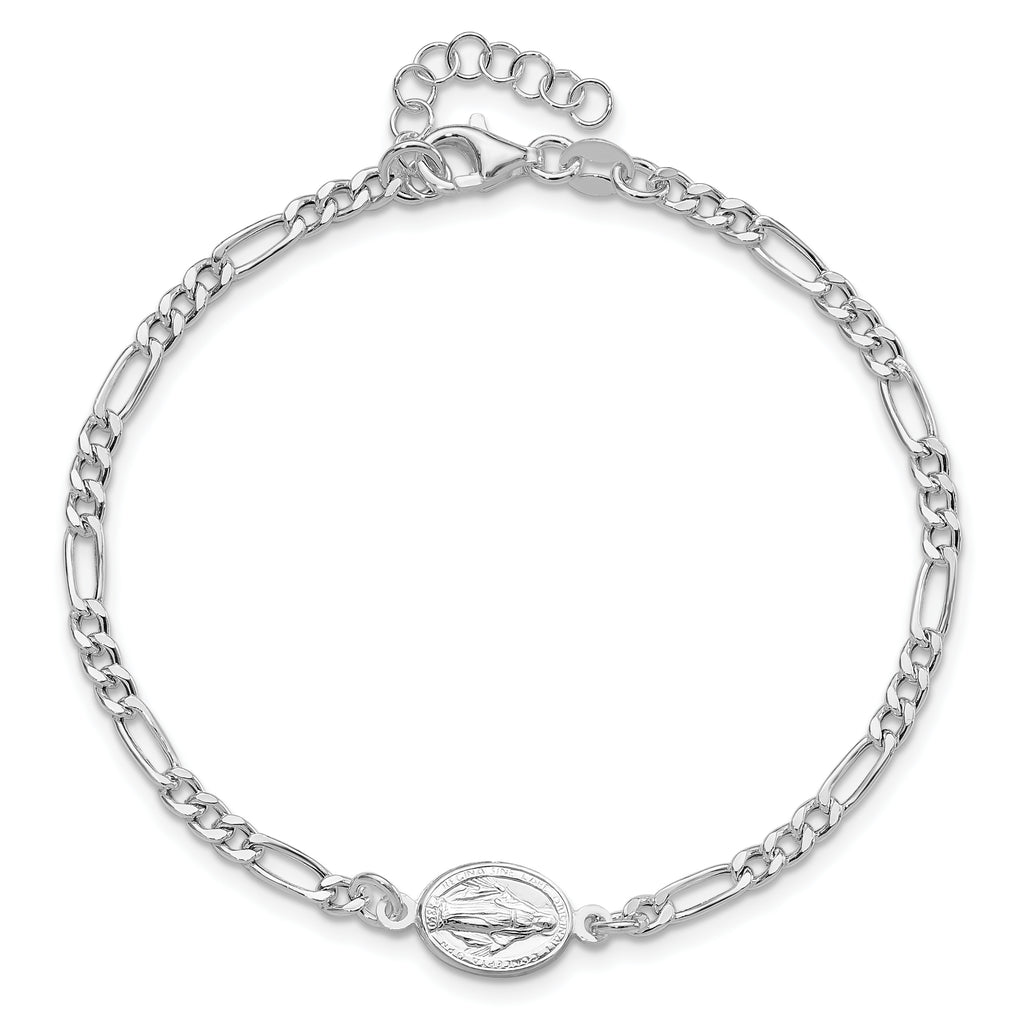 Sterling Silver RH-plated Miraculous Medal 7.25in With 1in ext. Bracelet
