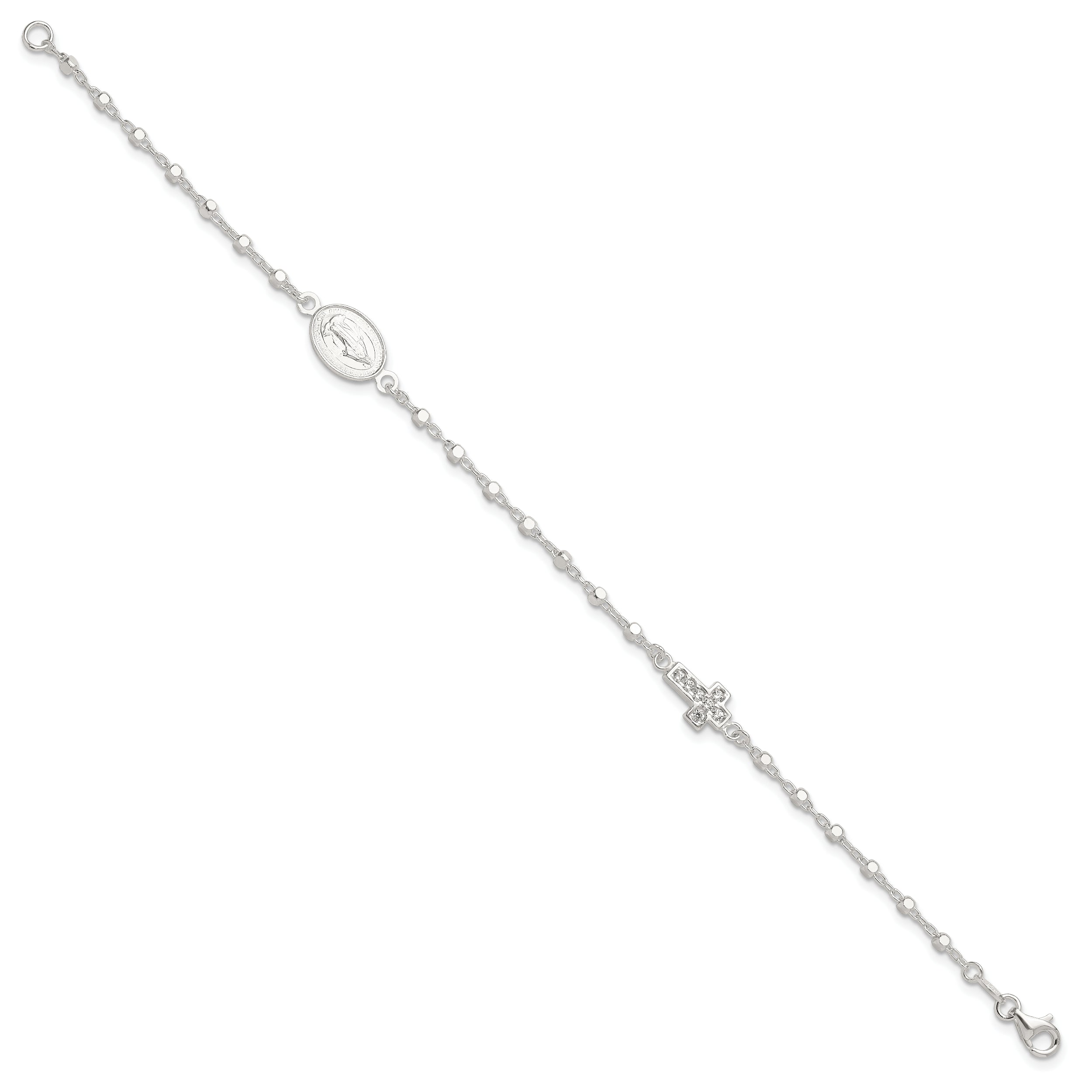 Sterling Silver Polished with CZ Cross and Miraculous Medal 7.5in Bracelet