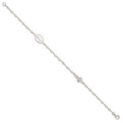 Sterling Silver Polished with CZ Cross and Miraculous Medal 7.5in Bracelet