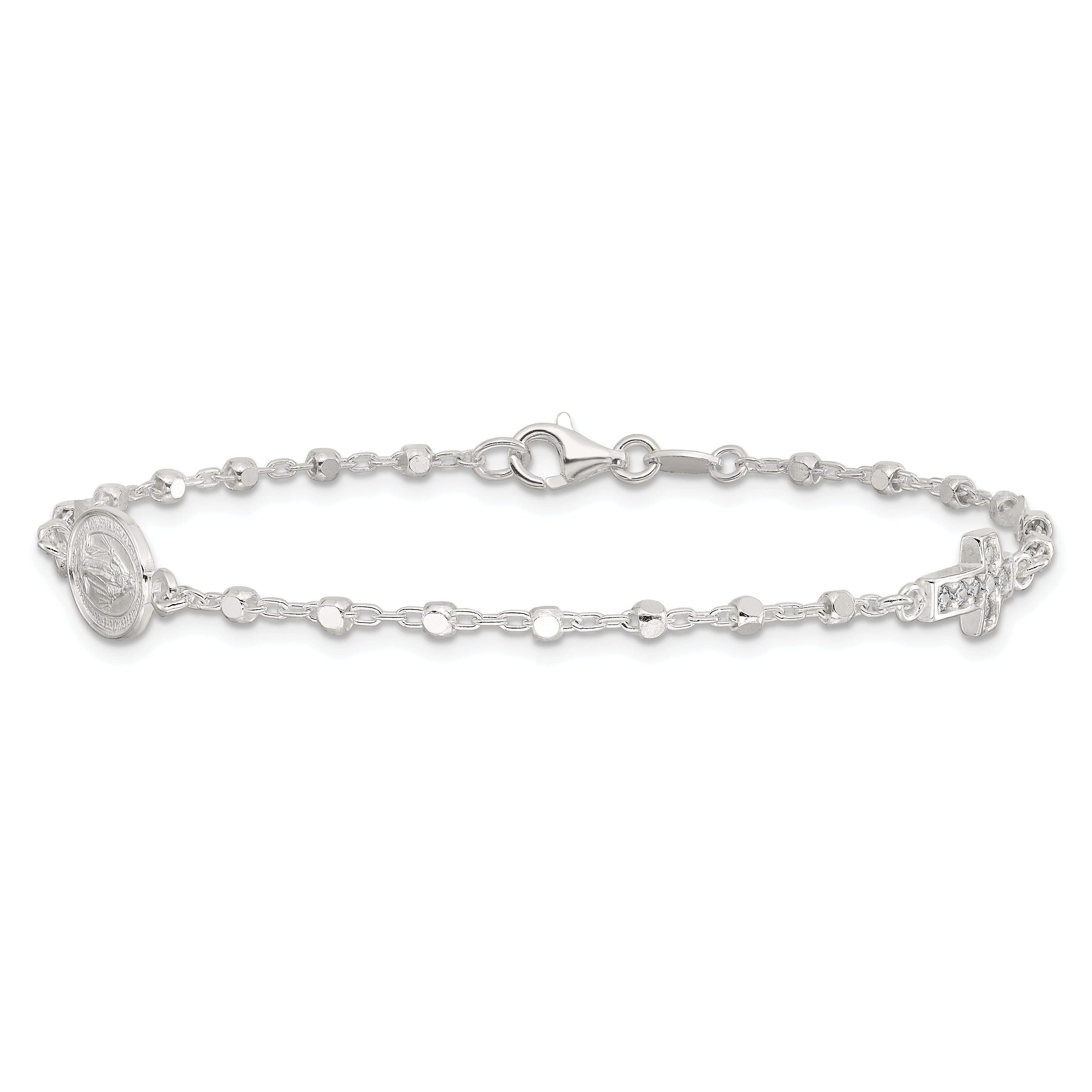 Sterling Silver Polished with CZ Cross and Miraculous Medal 7.5in Bracelet