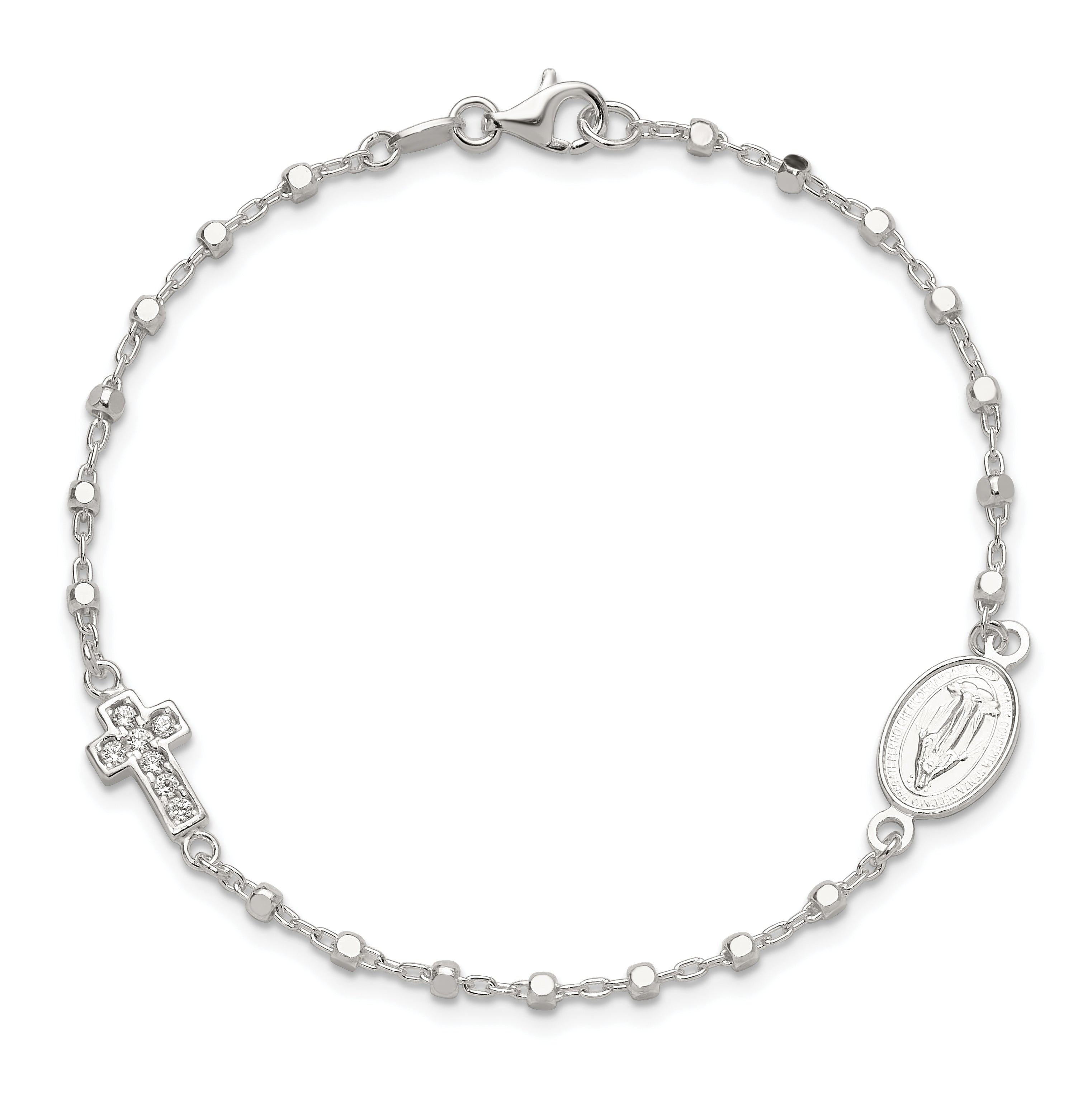 Sterling Silver Polished with CZ Cross and Miraculous Medal 7.5in Bracelet
