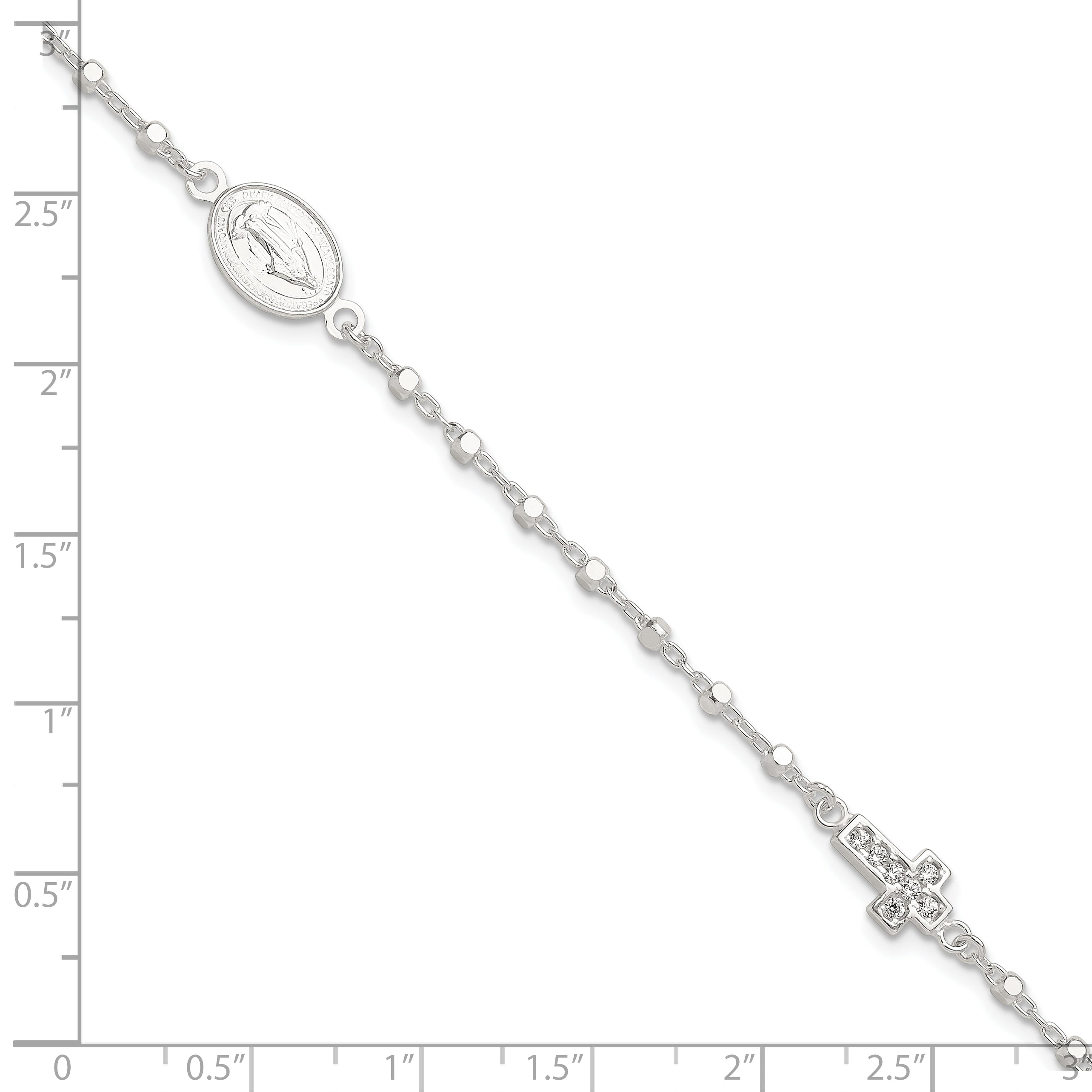 Sterling Silver Polished with CZ Cross and Miraculous Medal 7.5in Bracelet