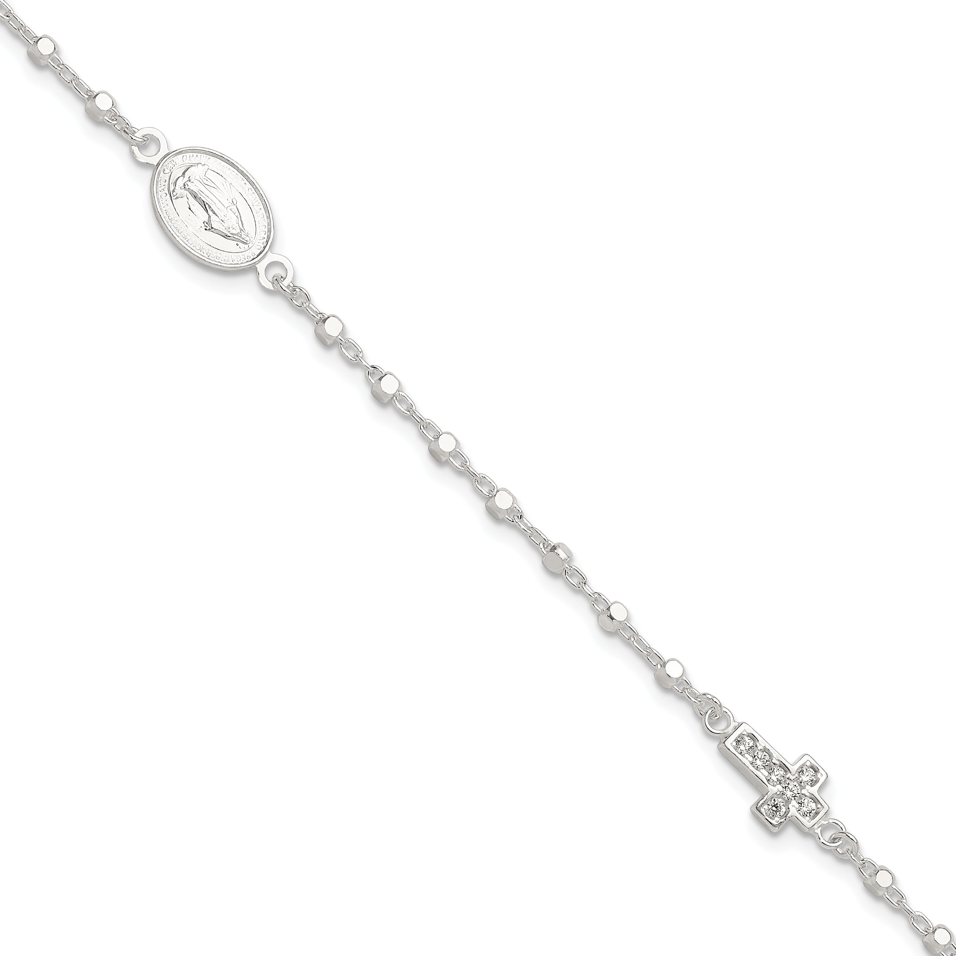 Sterling Silver Polished with CZ Cross and Miraculous Medal 7.5in Bracelet