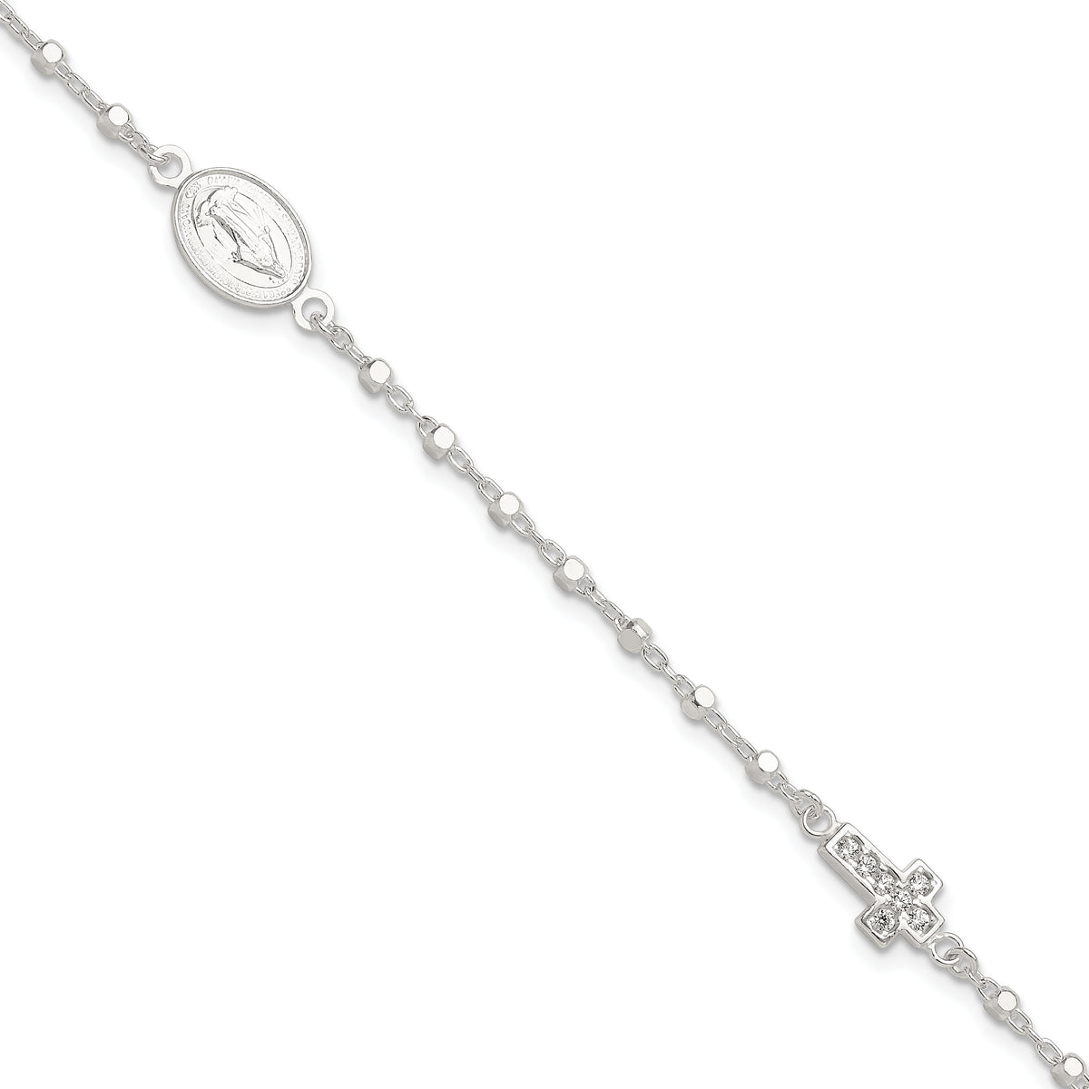 Sterling Silver Polished with CZ Cross and Miraculous Medal 7.5in Bracelet