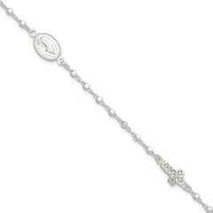 Sterling Silver Polished with CZ Cross and Miraculous Medal 7.5in Bracelet