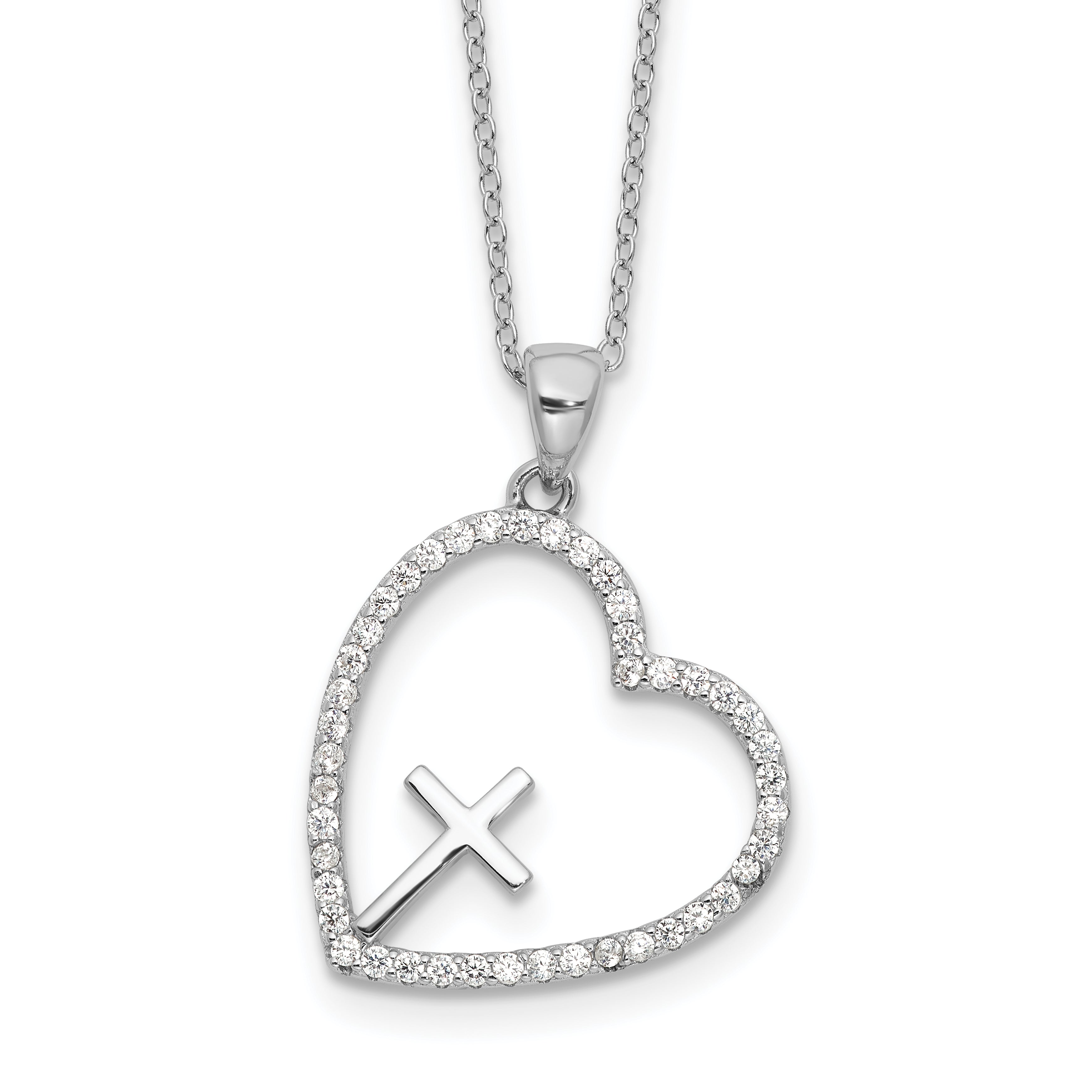 Sterling Silver Rhodium-Rhodium-Plated CZ Open Heart with Cross 18in Necklace