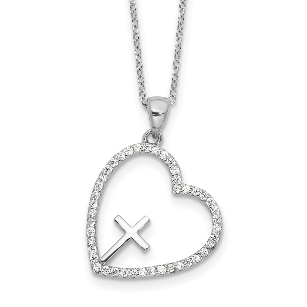 Sterling Silver Rhodium-Rhodium-Plated CZ Open Heart with Cross 18in Necklace