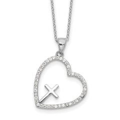 Sterling Silver Rhodium-Rhodium-Plated CZ Open Heart with Cross 18in Necklace