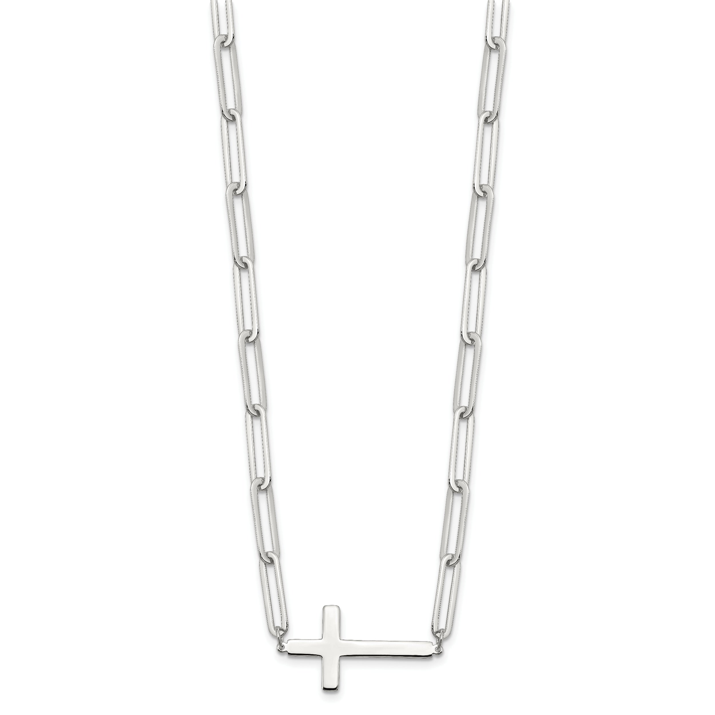 Sterling Silver E-Coated Cross Paperclip Link With 2 in ext Necklace