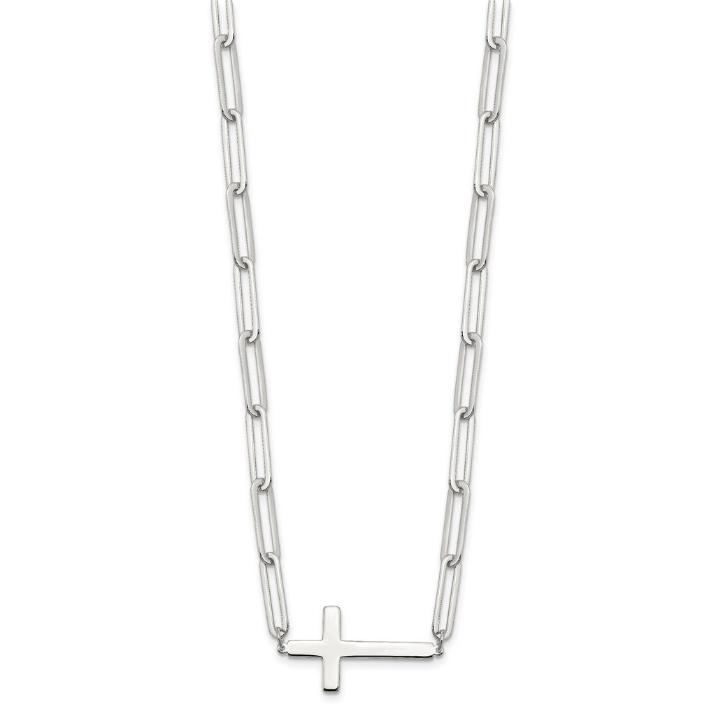 Sterling Silver E-Coated Cross Paperclip Link With 2 in ext Necklace