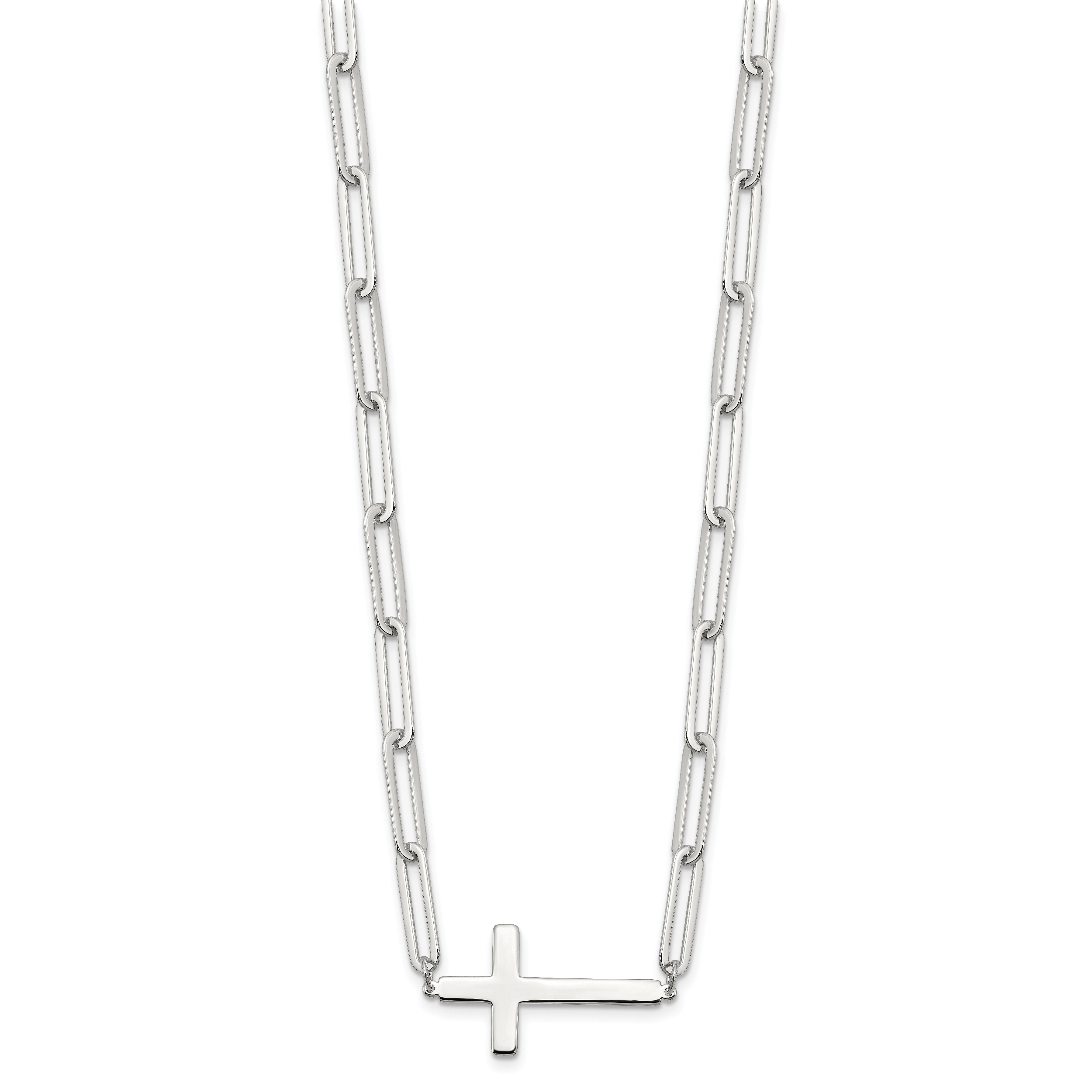 Sterling Silver E-Coated Cross Paperclip Link With 2 in ext Necklace
