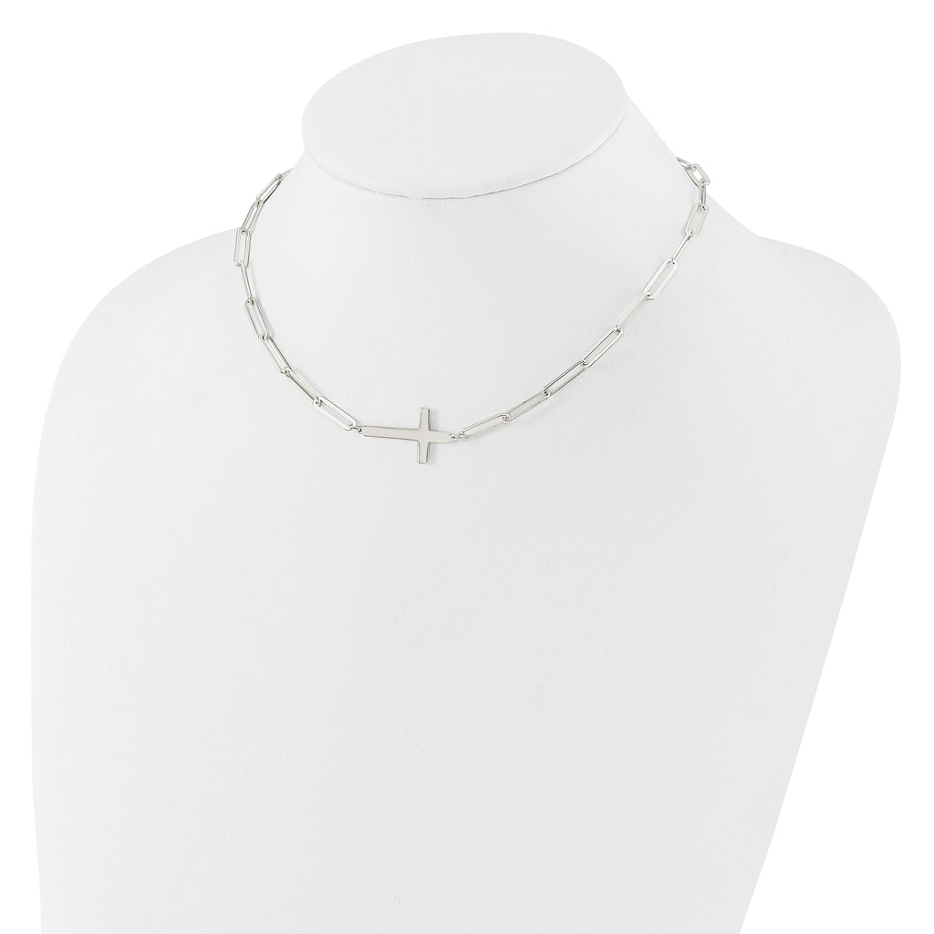 Sterling Silver E-Coated Cross Paperclip Link With 2 in ext Necklace