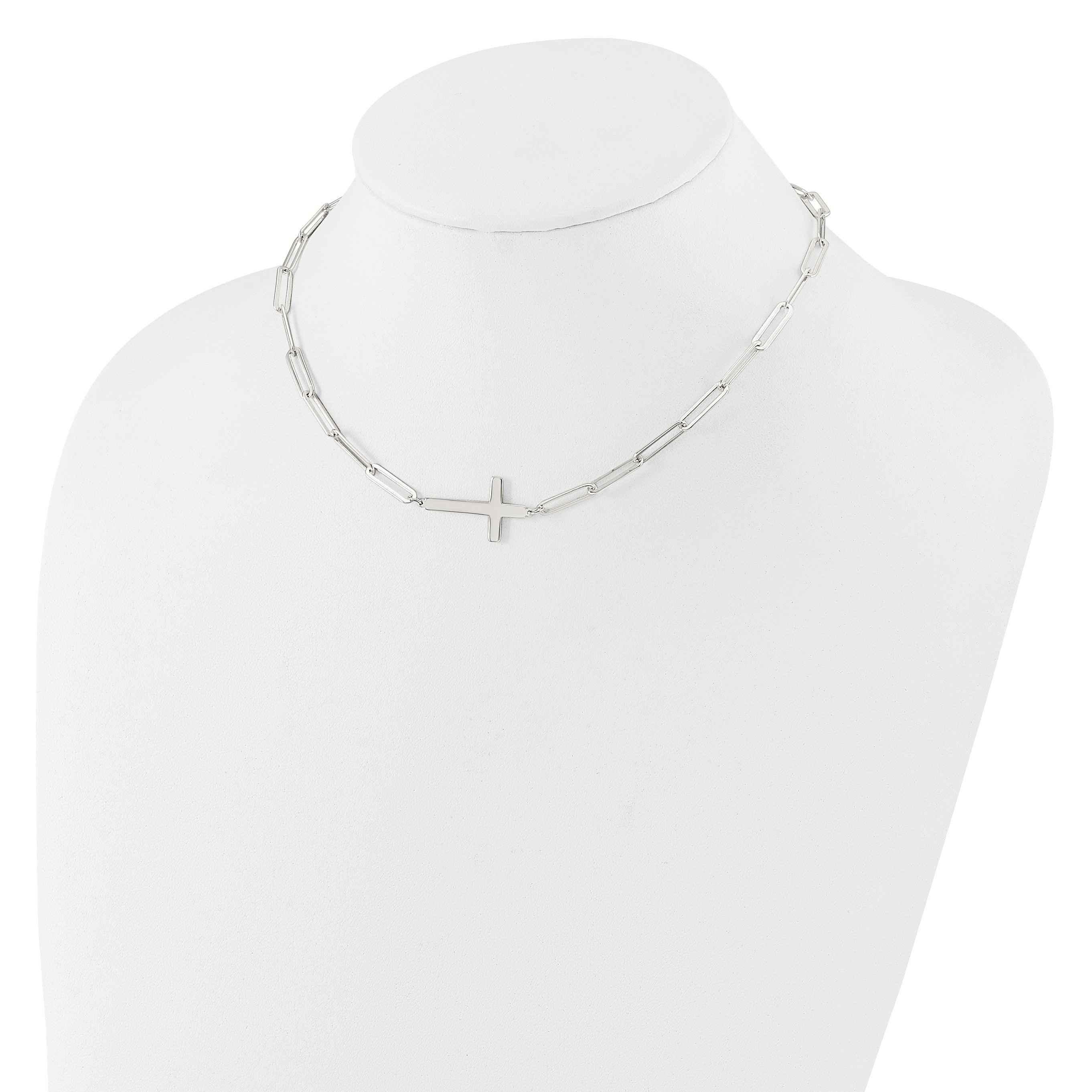 Sterling Silver E-Coated Cross Paperclip Link With 2 in ext Necklace