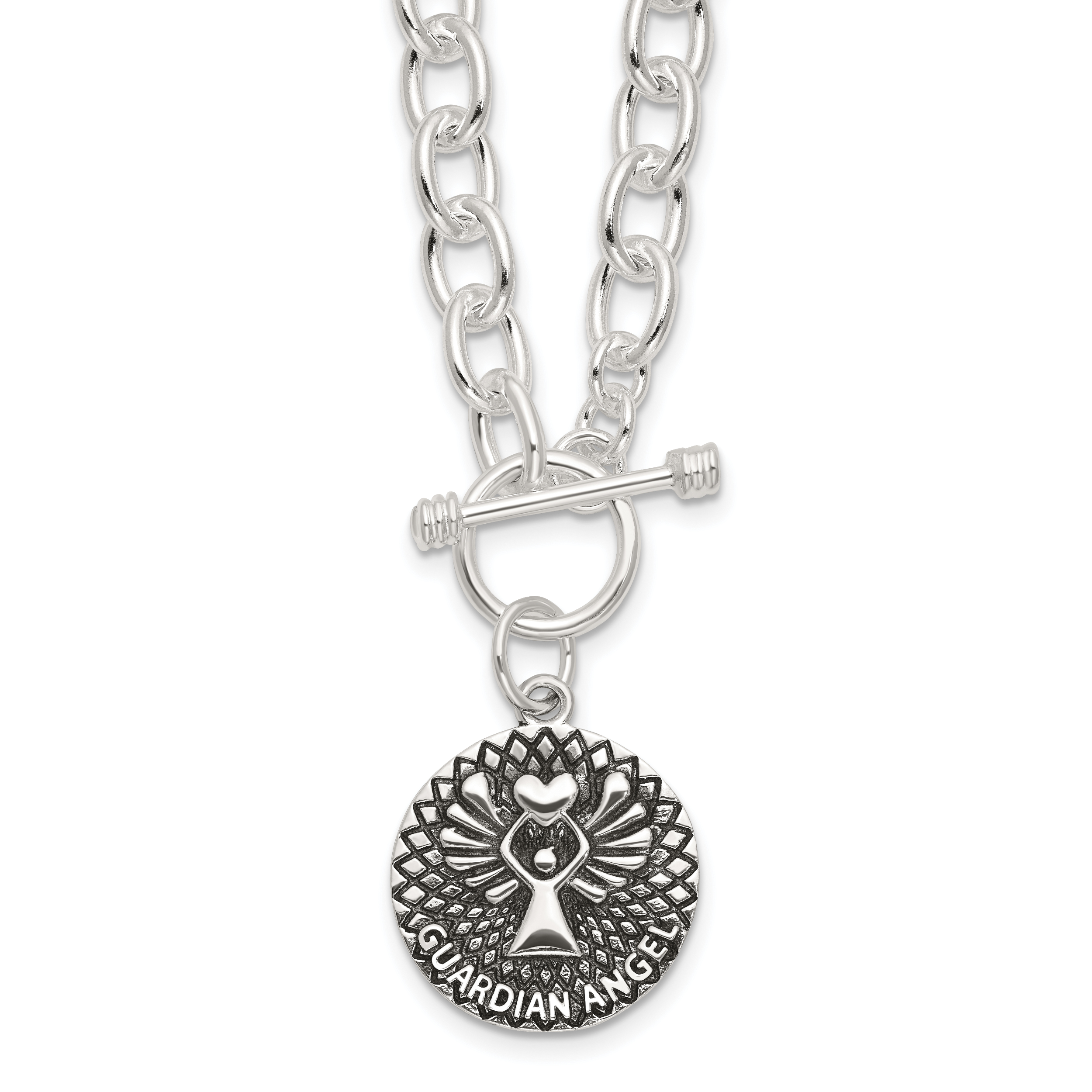 Sterling Silver Oxidized Dangle GUARDIAN ANGEL Toggle Clasp Necklace Main image