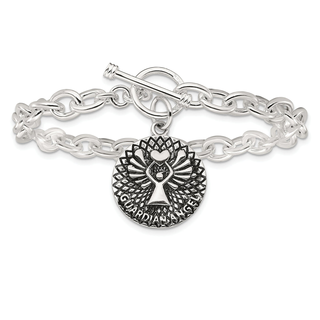 Sterling Silver Oxidized Dangle GUARDIAN ANGEL Toggle Clasp Bracelet