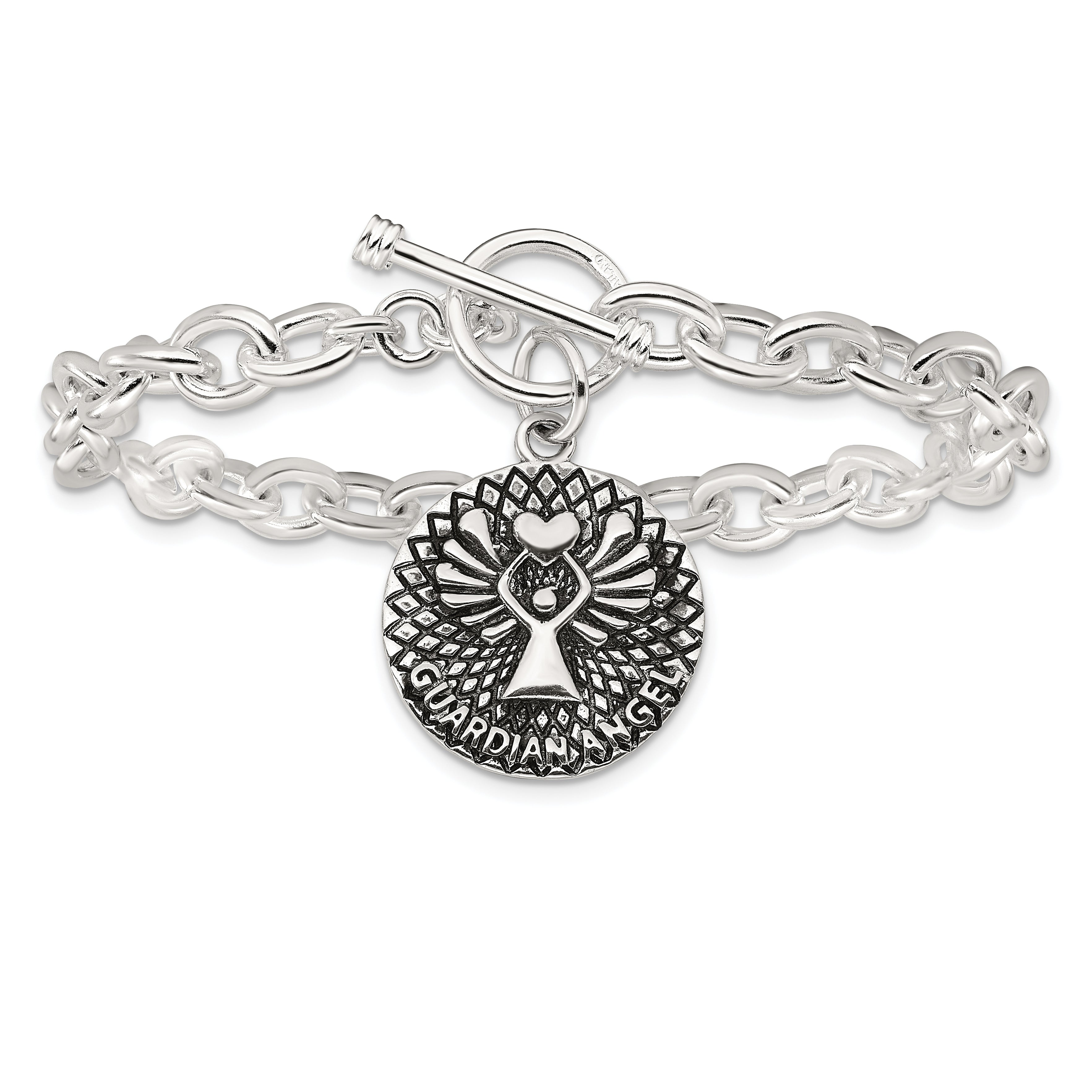 Sterling Silver Oxidized Dangle GUARDIAN ANGEL Toggle Clasp Bracelet