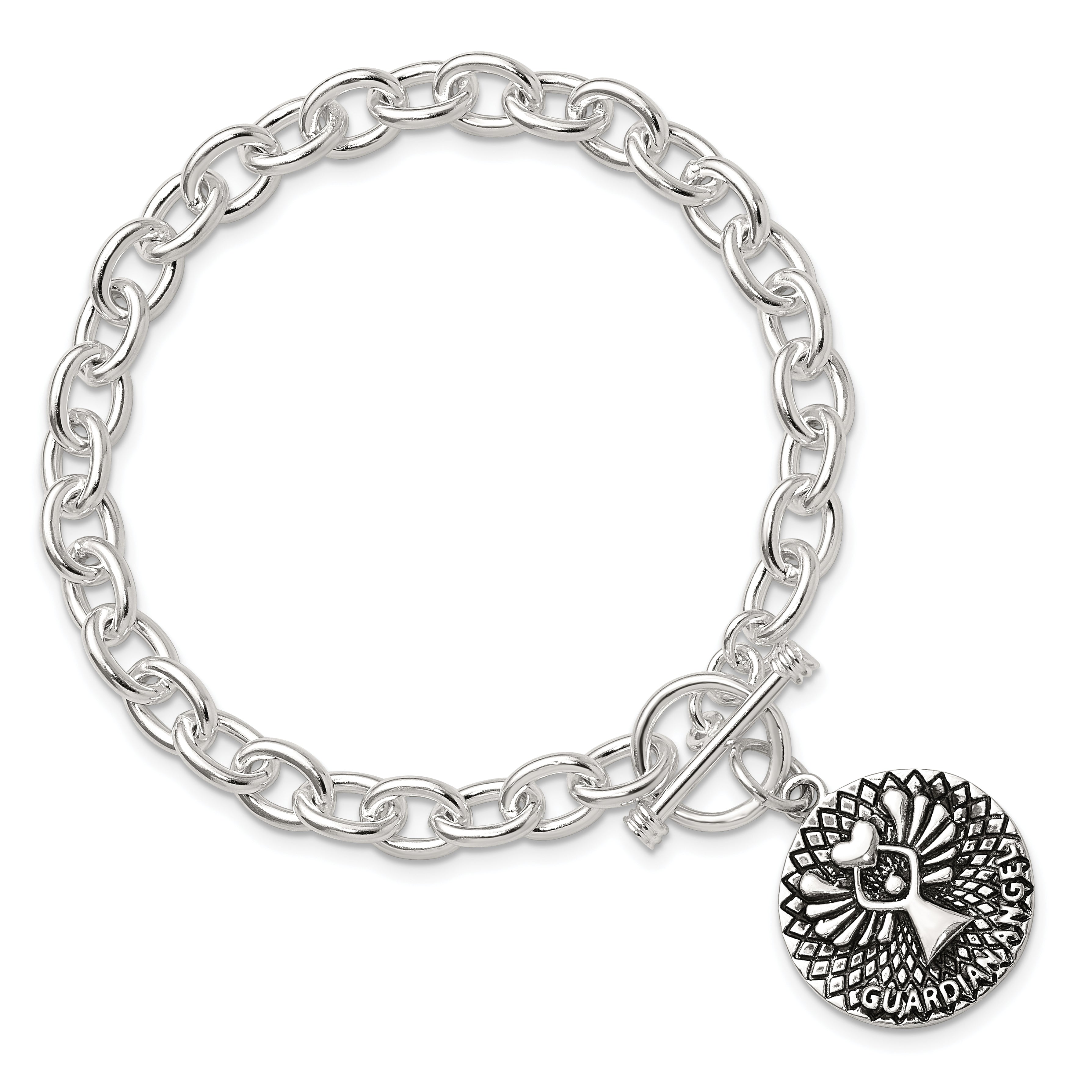 Sterling Silver Oxidized Dangle GUARDIAN ANGEL Toggle Clasp Bracelet