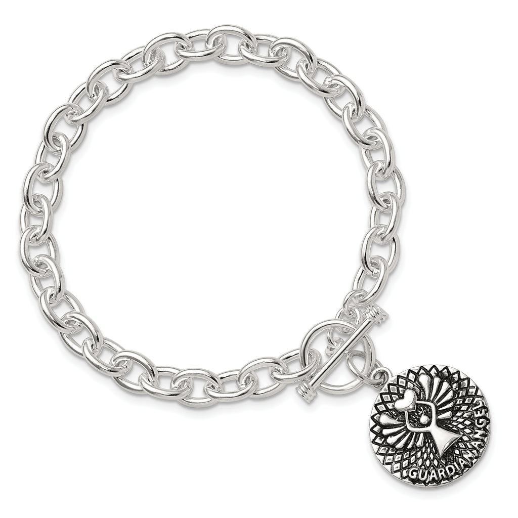 Sterling Silver Oxidized Dangle GUARDIAN ANGEL Toggle Clasp Bracelet