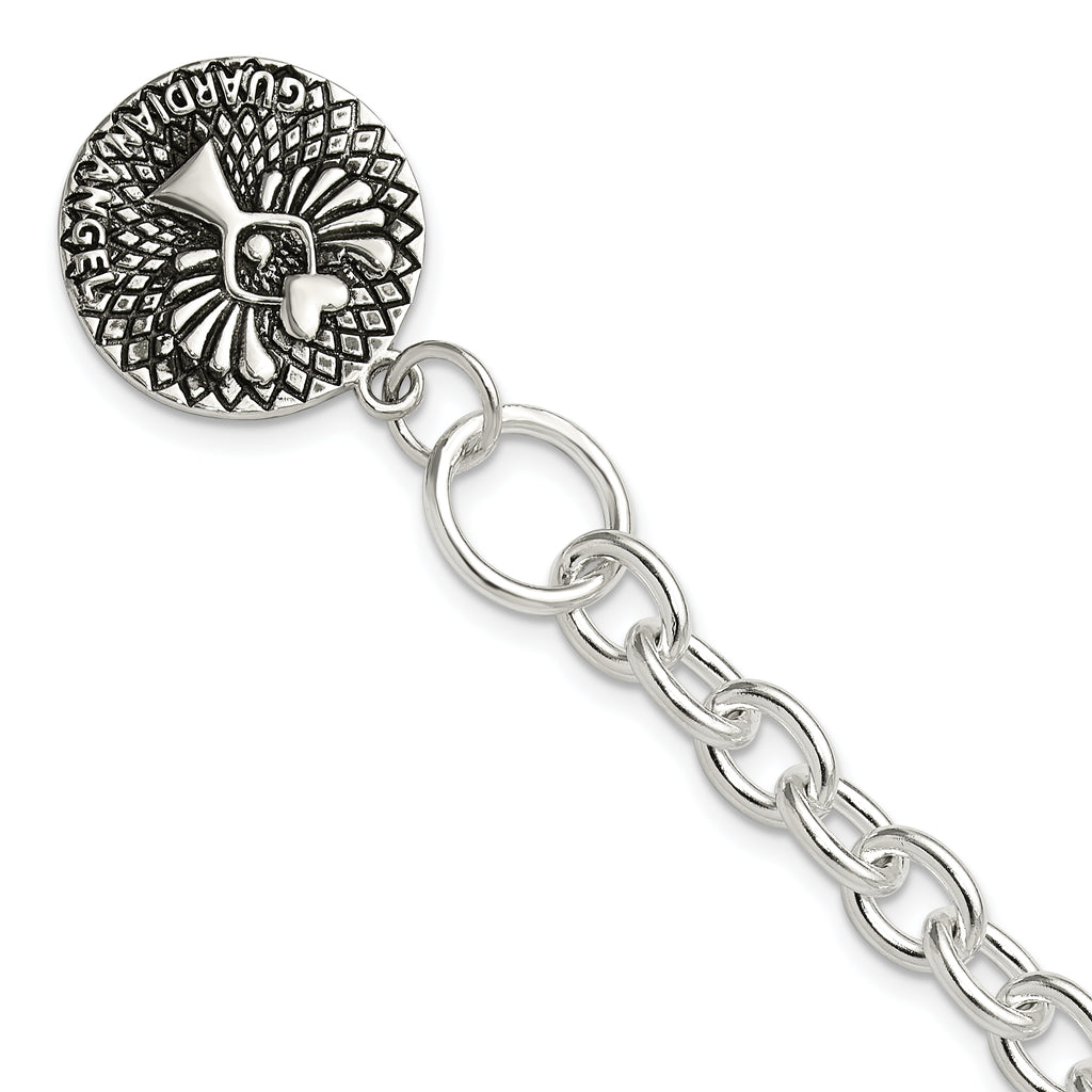 Sterling Silver Oxidized Dangle GUARDIAN ANGEL Toggle Clasp Bracelet