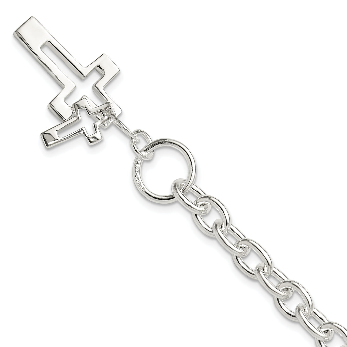 Sterling Silver E-Coated Double Open Cross Toggle Bracelet