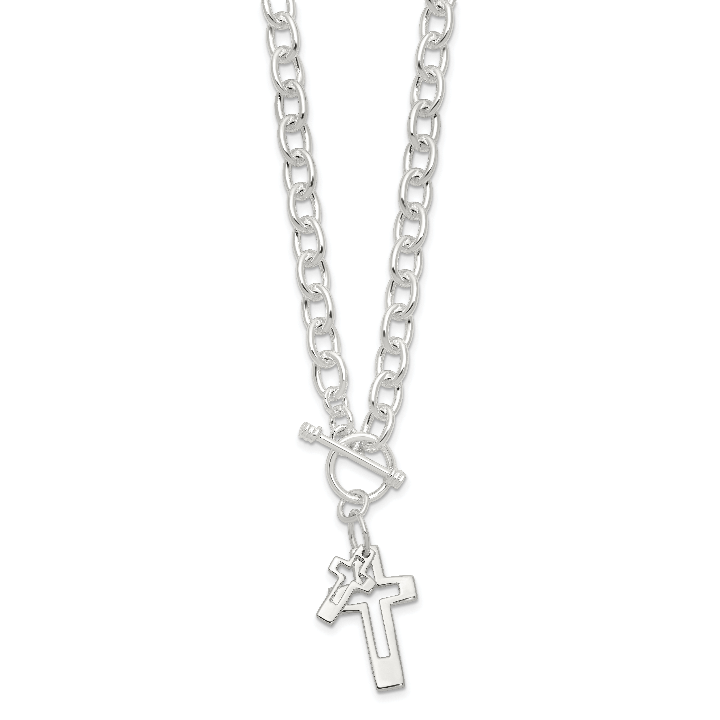 Sterling Silver E-Coated Double Open Cross Toggle 18in Necklace Secondary image