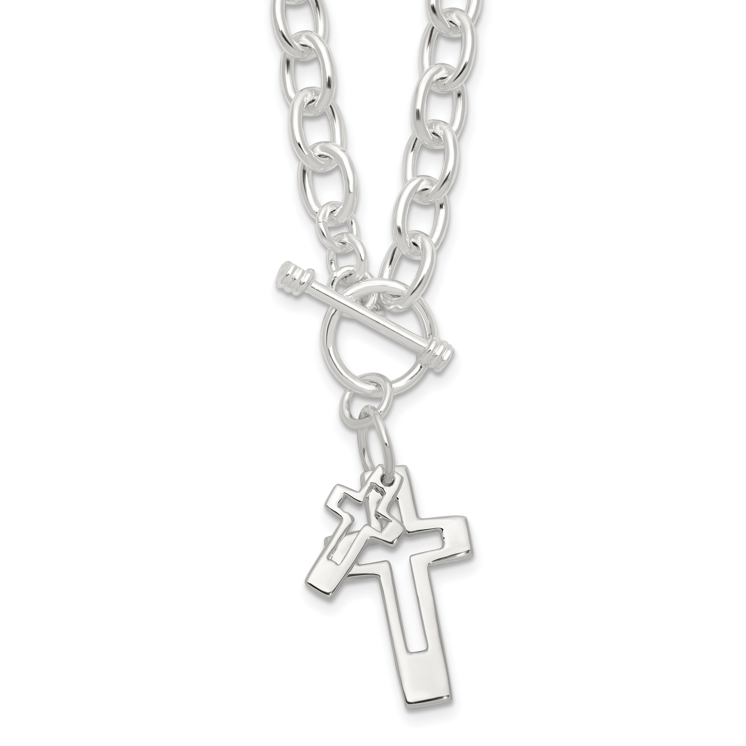 Sterling Silver E-Coated Double Open Cross Toggle 18in Necklace Main image