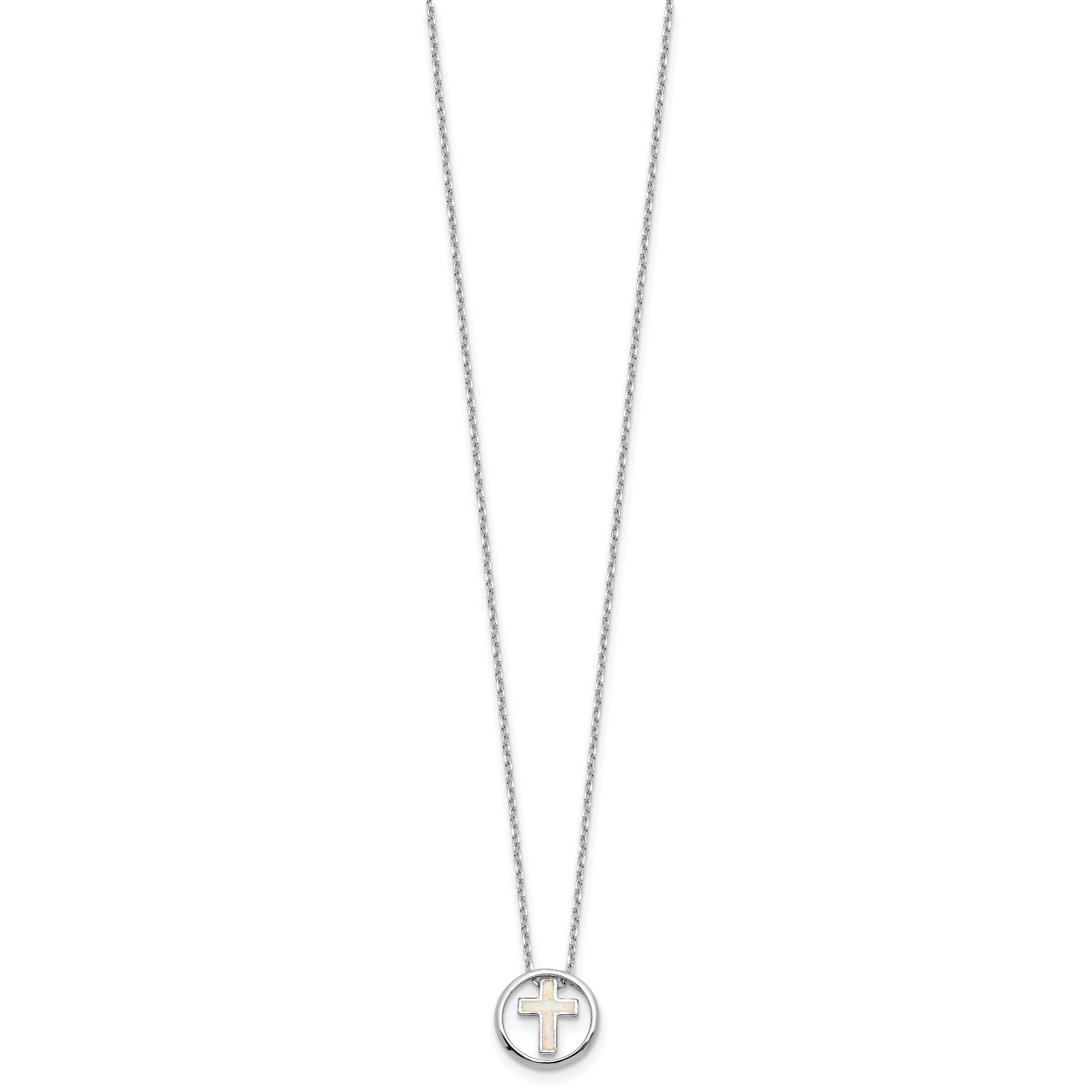 Sterling Silver RH-plated Created Opal Inlay Cross 16in With 2in ext Necklace