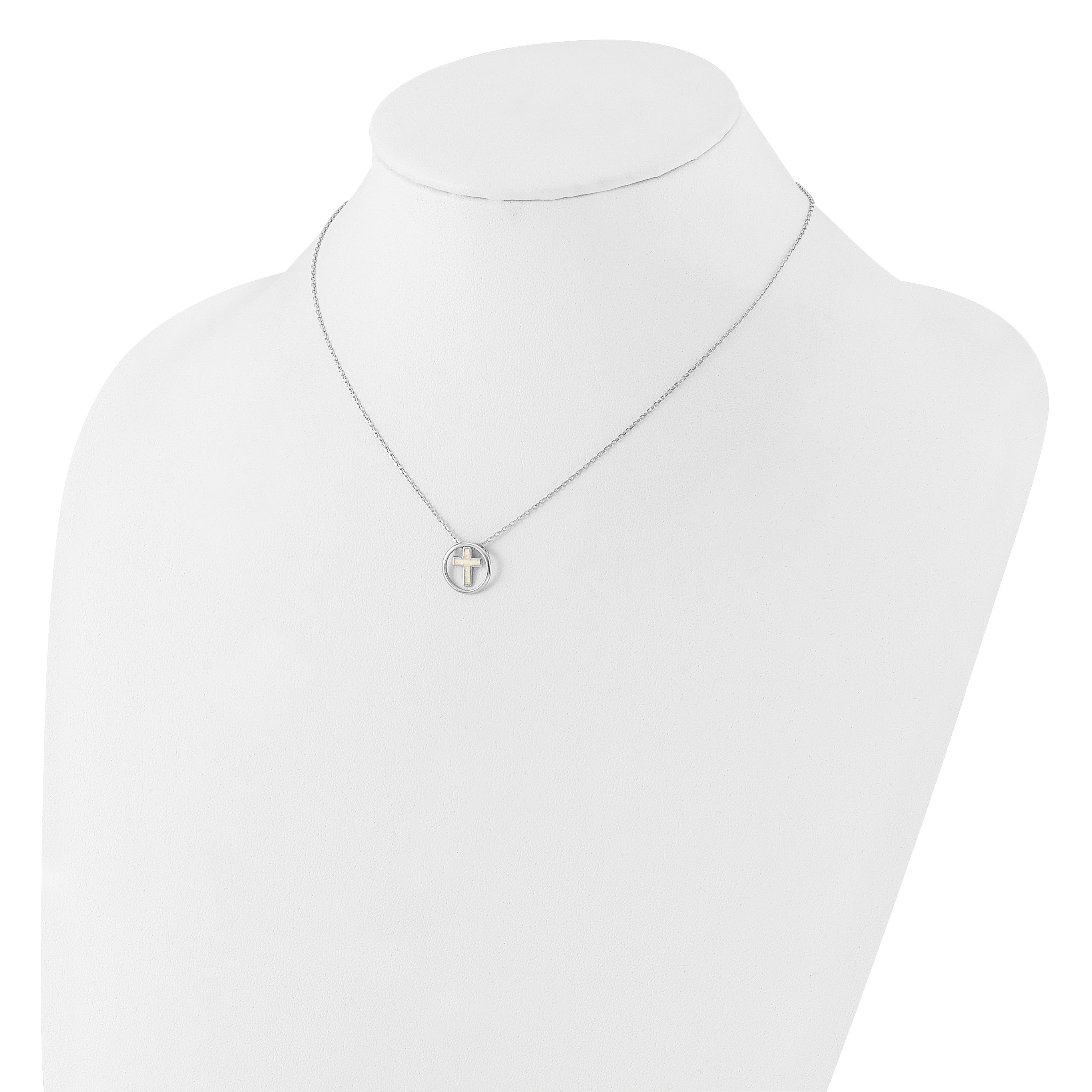 Sterling Silver RH-plated Created Opal Inlay Cross 16in With 2in ext Necklace