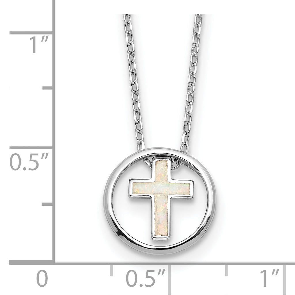 Sterling Silver RH-plated Created Opal Inlay Cross 16in With 2in ext Necklace