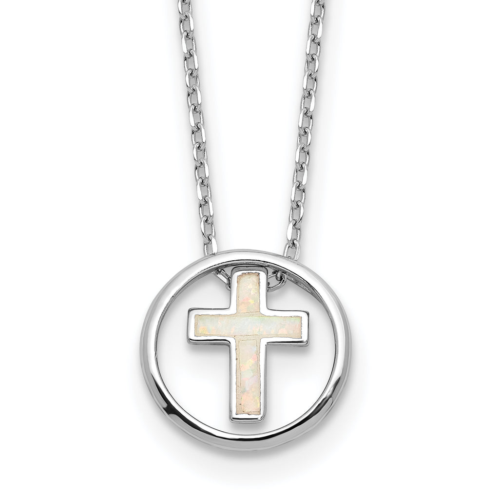 Sterling Silver RH-plated Created Opal Inlay Cross 16in With 2in ext Necklace