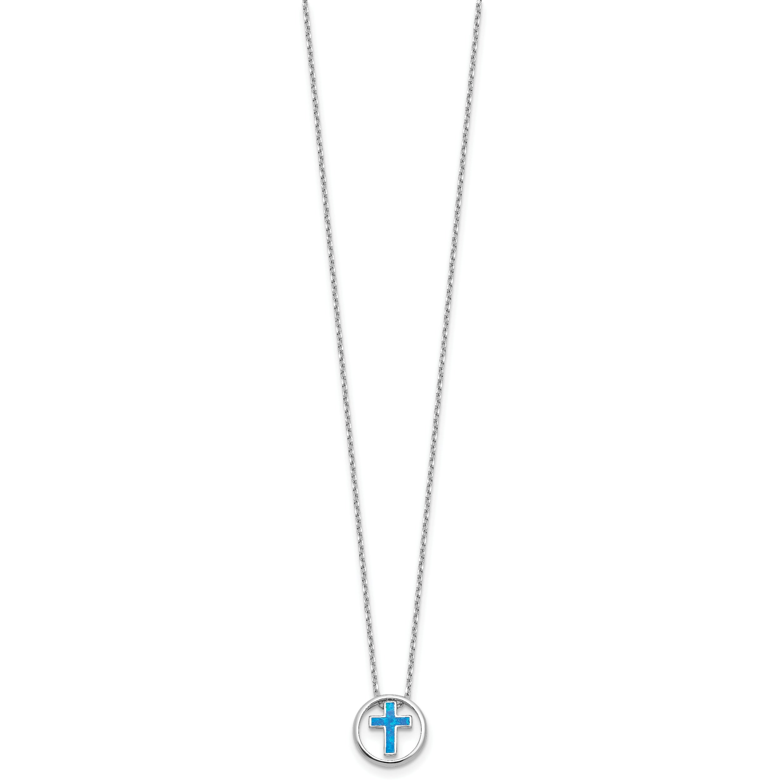 Sterling Silver RH-plated Blue Cr. Opal Inlay Cross 16in With 2in ext Necklace