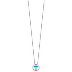 Sterling Silver RH-plated Blue Cr. Opal Inlay Cross 16in With 2in ext Necklace