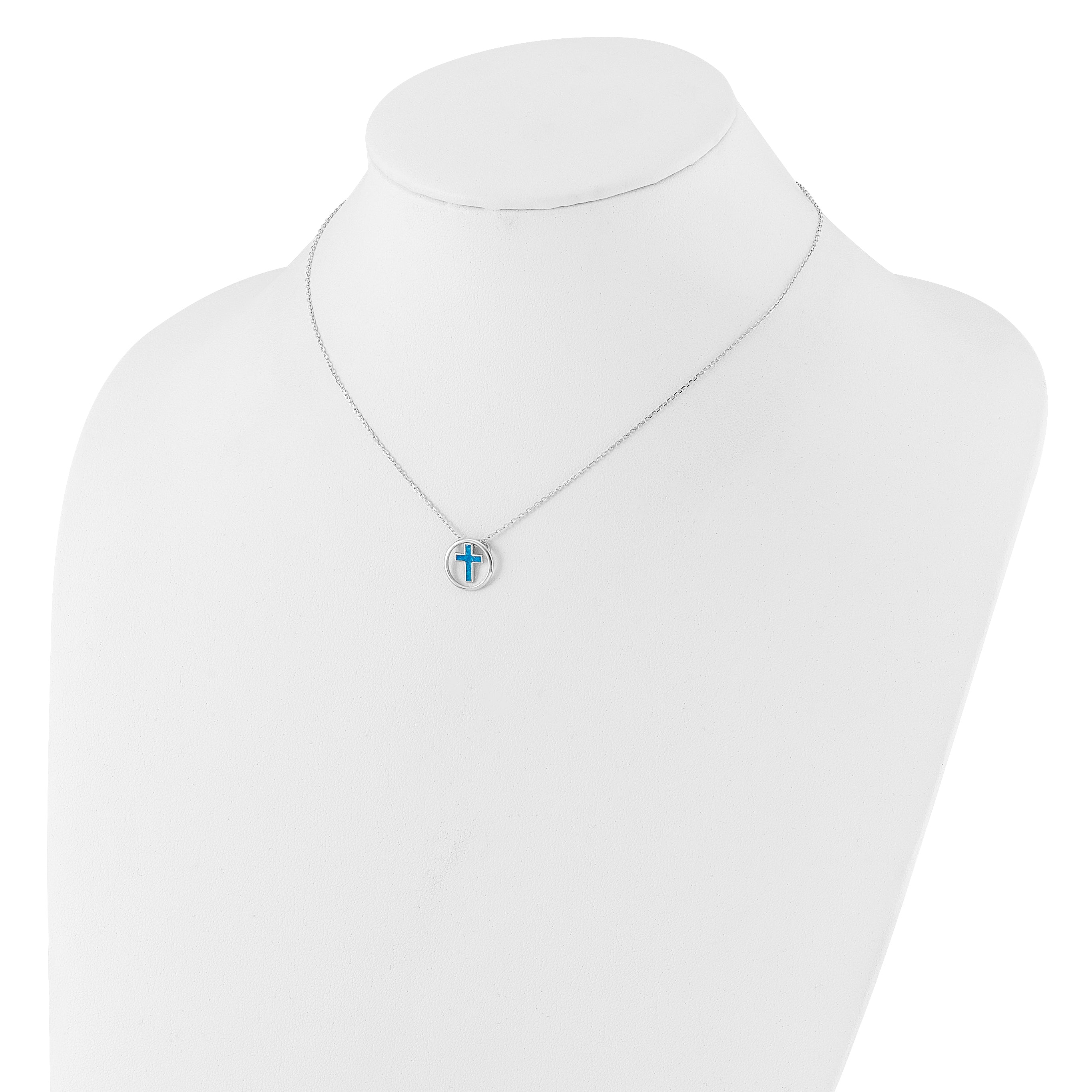 Sterling Silver RH-plated Blue Cr. Opal Inlay Cross 16in With 2in ext Necklace