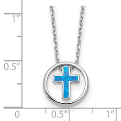 Sterling Silver RH-plated Blue Cr. Opal Inlay Cross 16in With 2in ext Necklace