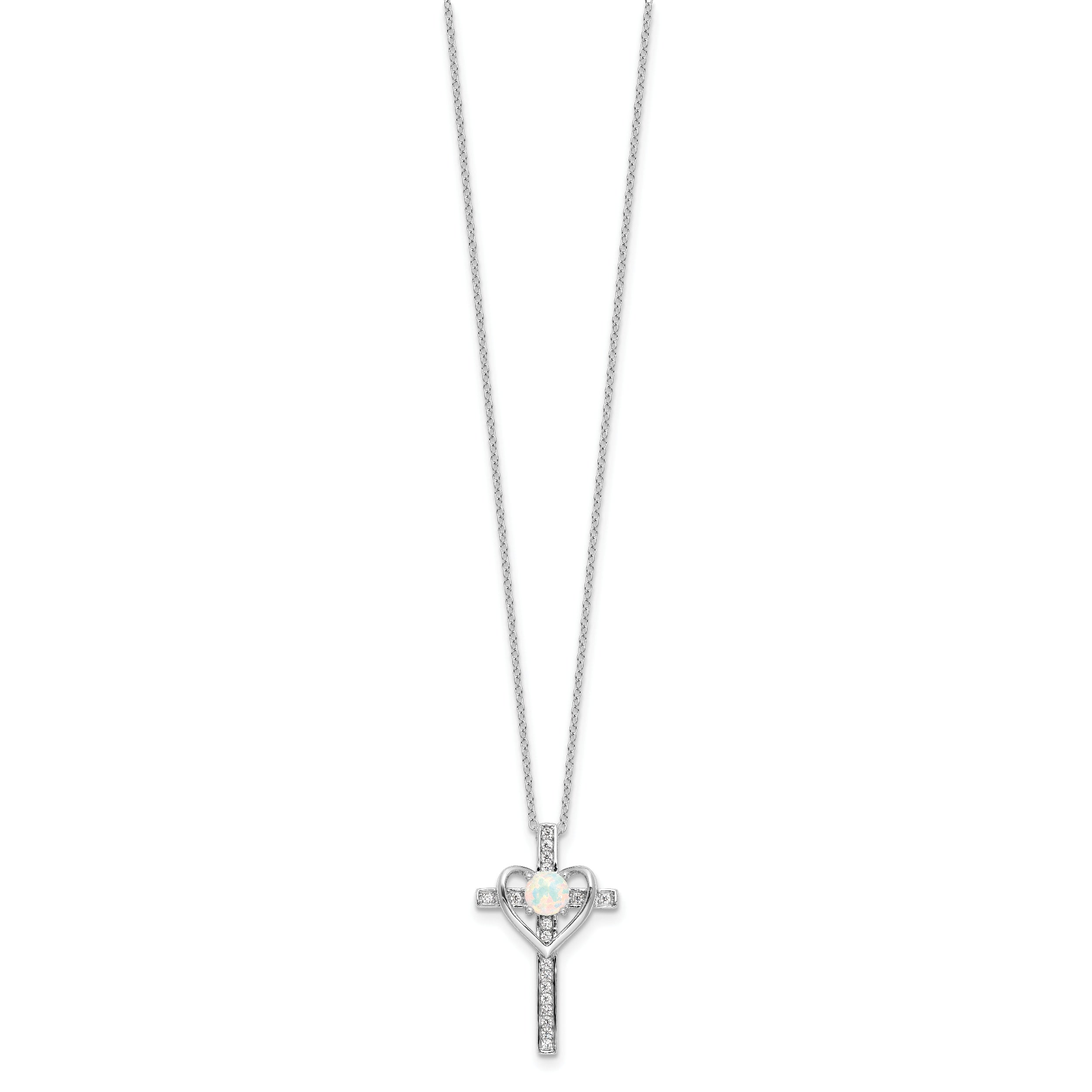 Sterling Silver RH-plated Created Opal and CZ Cross With Heart 18in Necklace