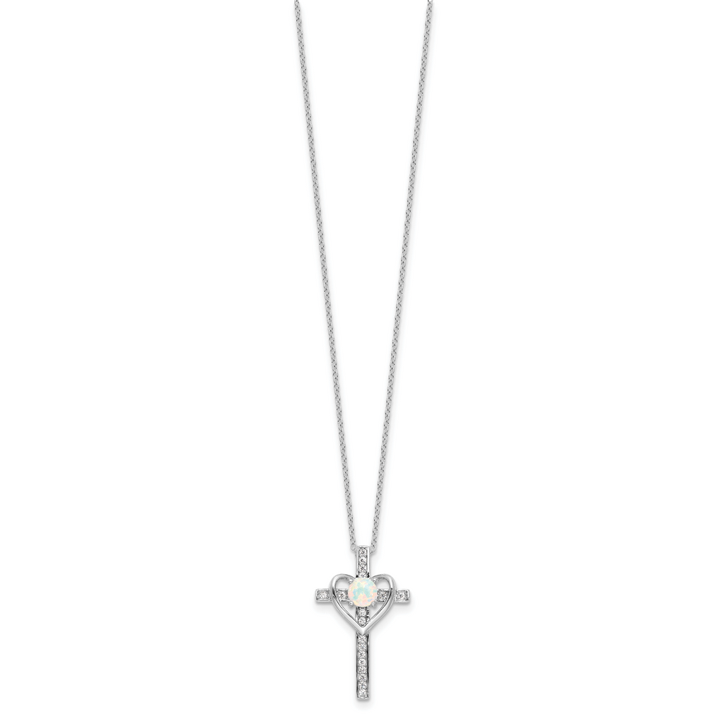 Sterling Silver RH-plated Created Opal and CZ Cross With Heart 18in Necklace